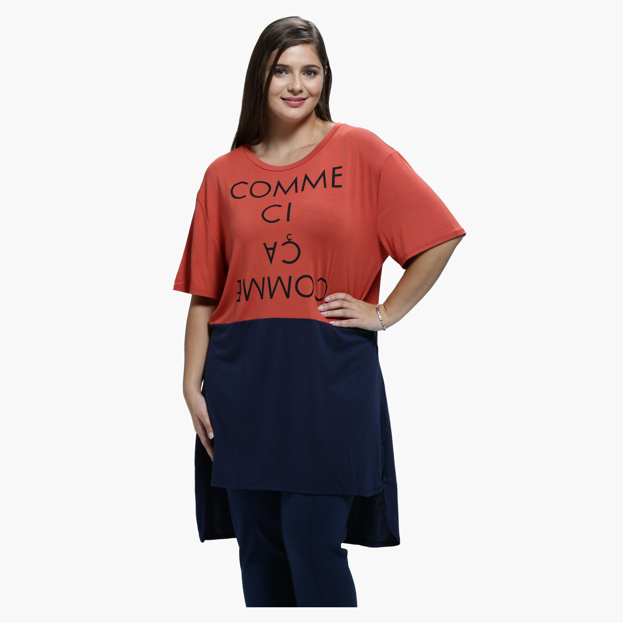 Plus Size Printed Asymmetrical T-Shirt with Round Neck and Short Sleeves-women-clothing-tshirts-image-1