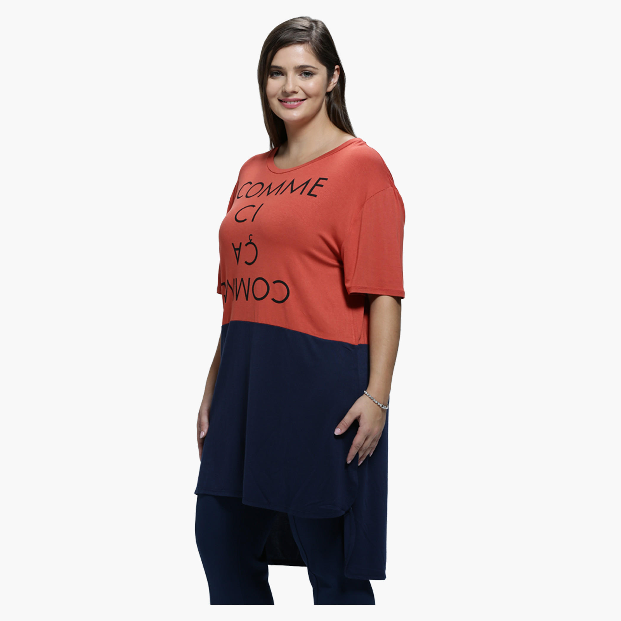 Plus Size Printed Asymmetrical T-Shirt with Round Neck and Short Sleeves-women-clothing-tshirts-image-3