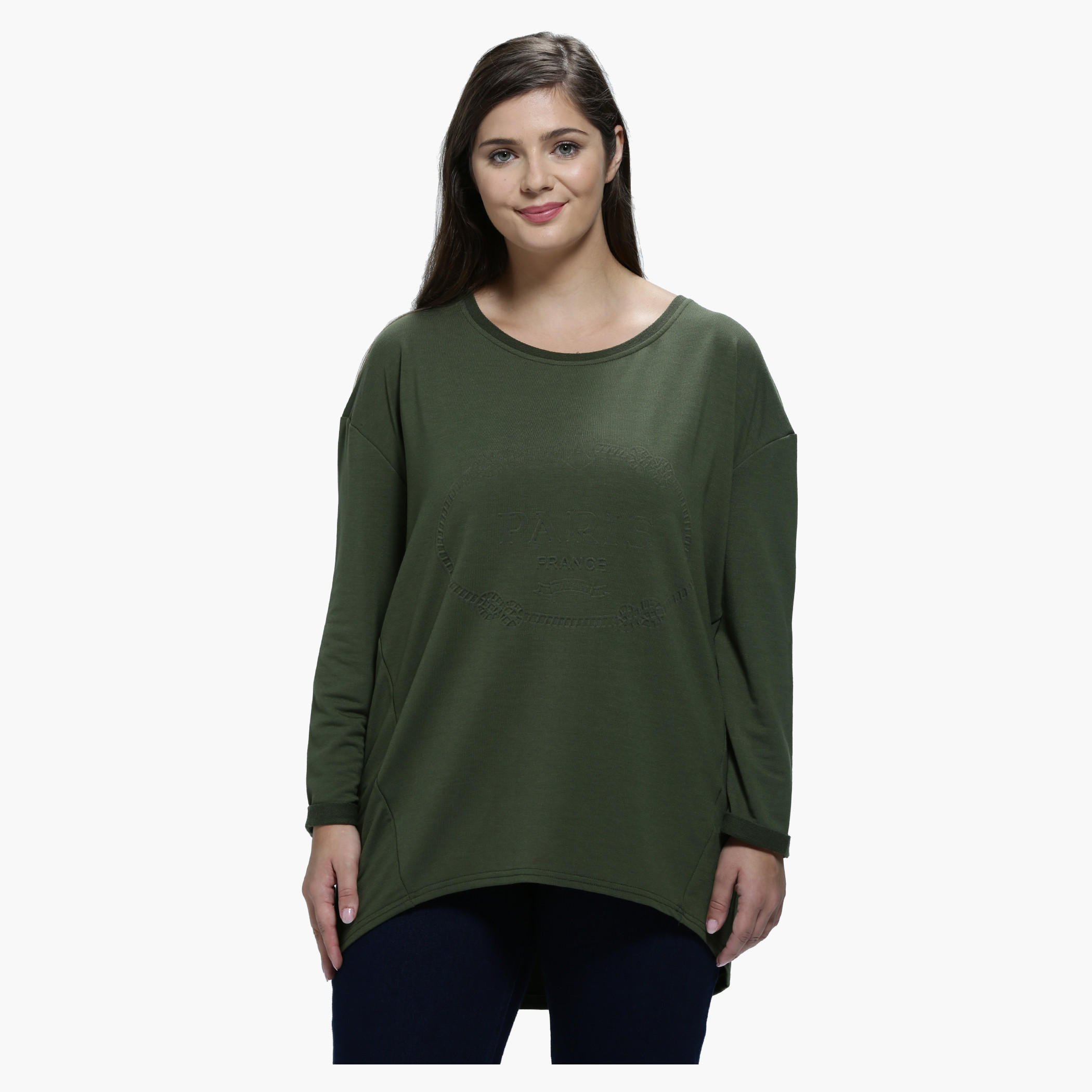 Plus Size Embossed T-Shirt with Round Neck and Long Sleeves-women-clothing-tshirts-image-5