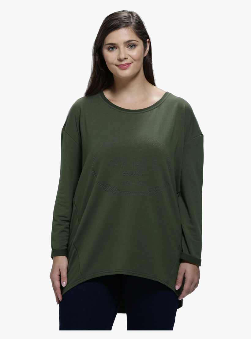 Plus Size Embossed T-Shirt with Round Neck and Long Sleeves-women-clothing-tshirts-image-5