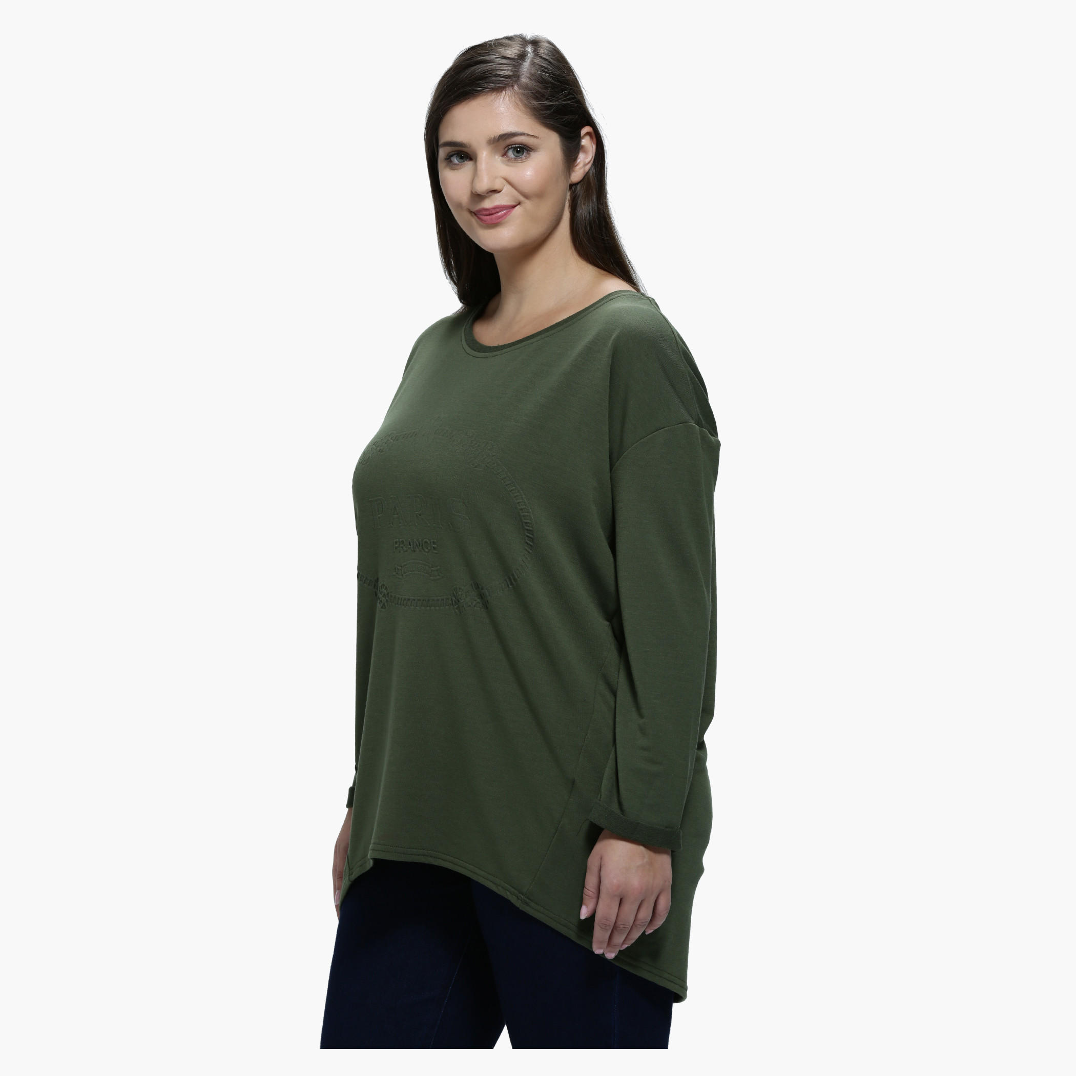 Plus Size Embossed T-Shirt with Round Neck and Long Sleeves-women-clothing-tshirts-image-3