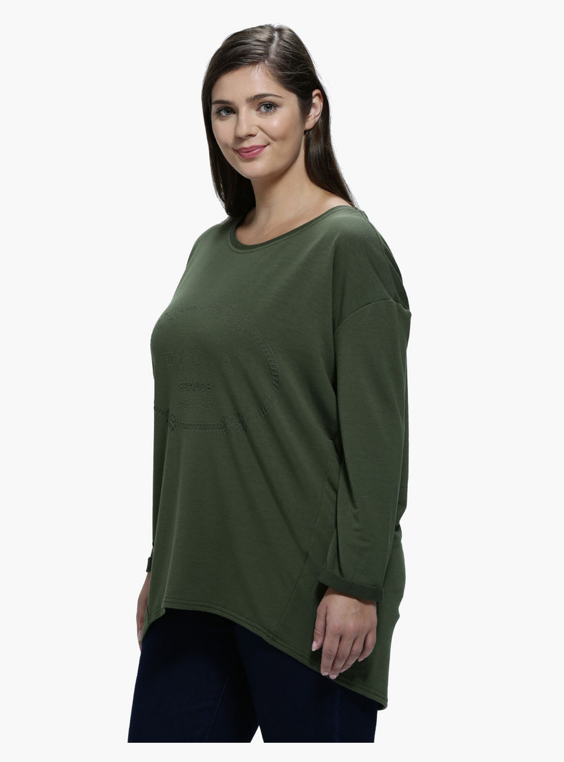Plus Size Embossed T-Shirt with Round Neck and Long Sleeves-women-clothing-tshirts-image-3