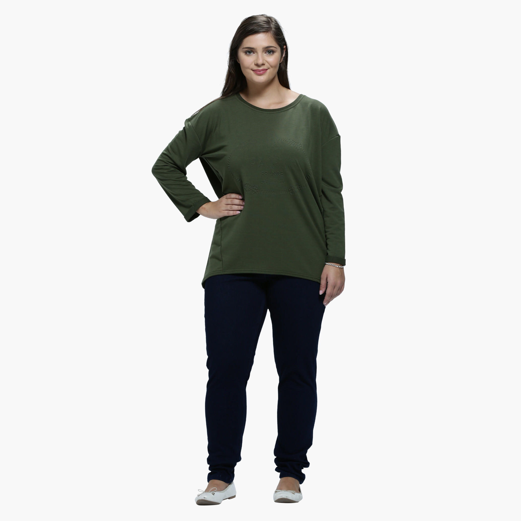 Plus Size Embossed T-Shirt with Round Neck and Long Sleeves-women-clothing-tshirts-image-1