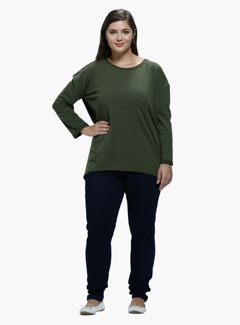 Plus Size Embossed T-Shirt with Round Neck and Long Sleeves-women-clothing-tshirts-image-1