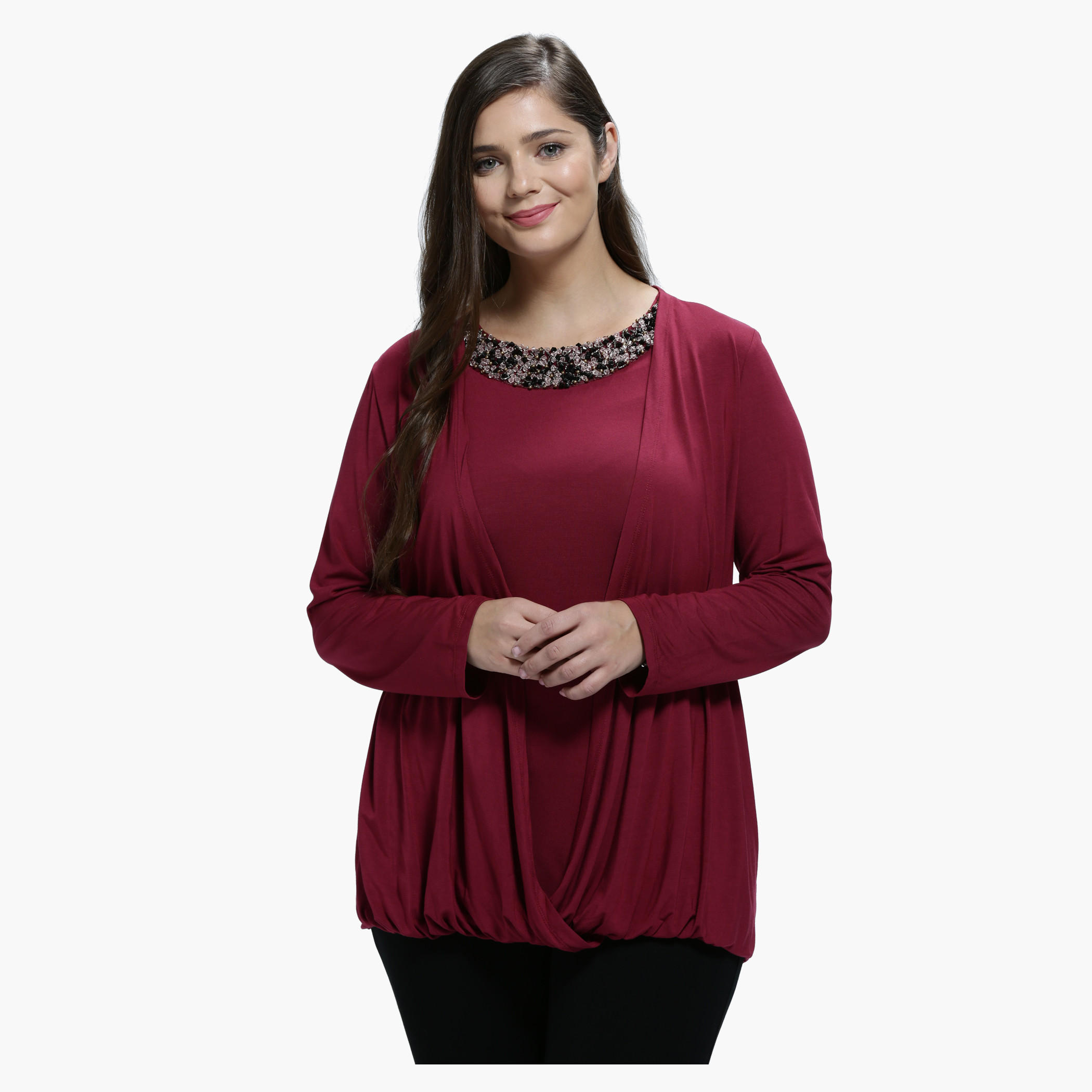 Plus Size Embellished Top with Round Neck and Long Sleeves-women-clothing-shirtsandblouses-blouses-image-1