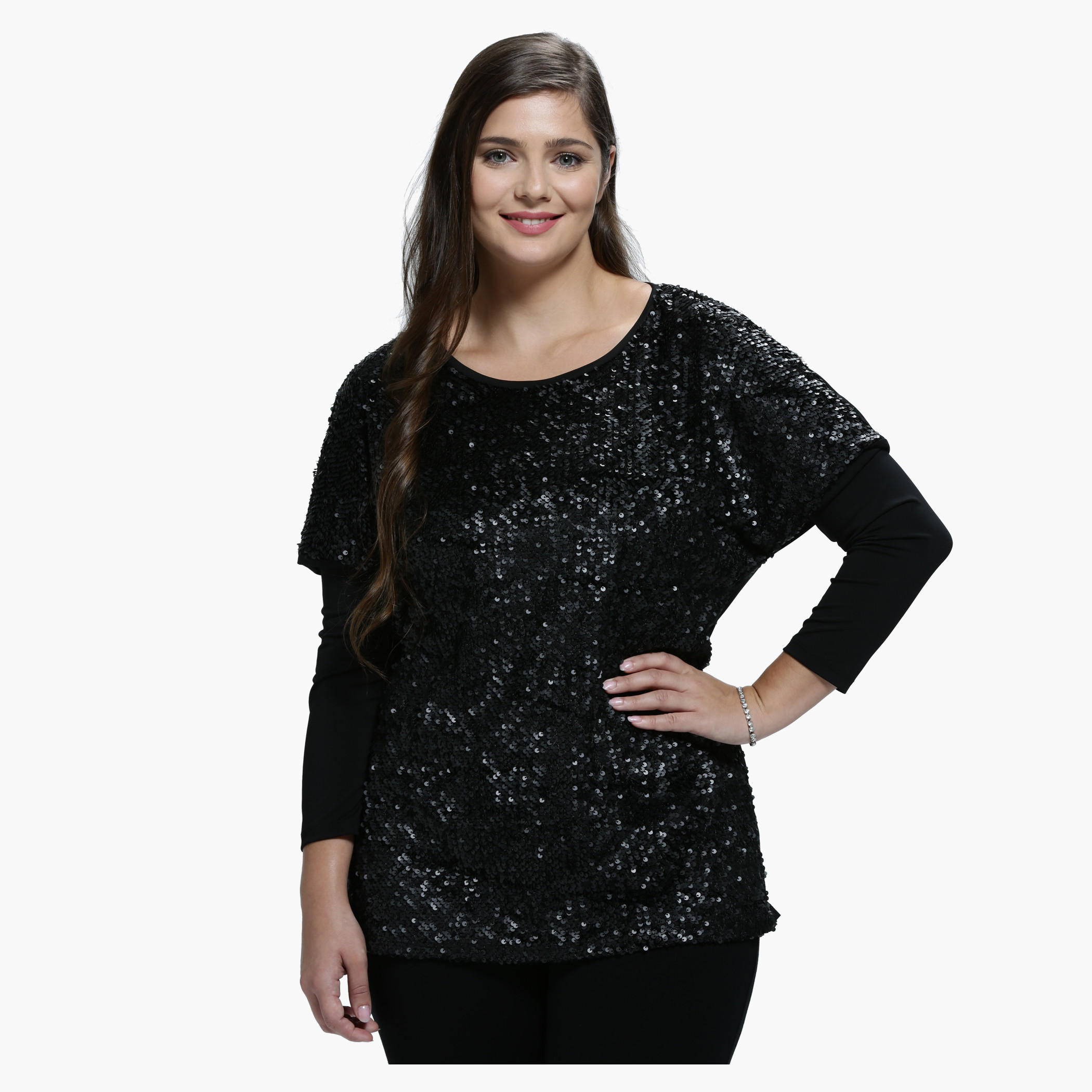 Plus Size Sequin Top with Round Neck and Long Sleeves-women-clothing-tshirts-image-1
