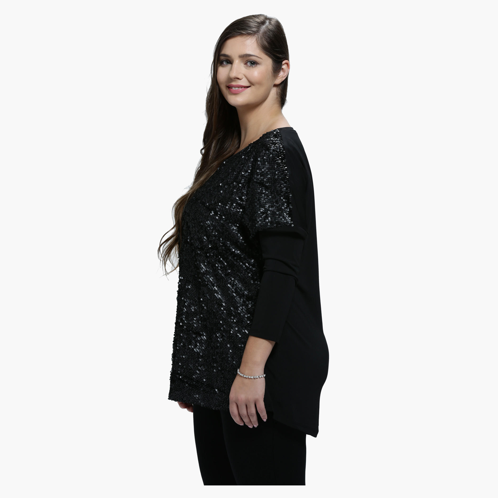 Plus Size Sequin Top with Round Neck and Long Sleeves-women-clothing-tshirts-image-3
