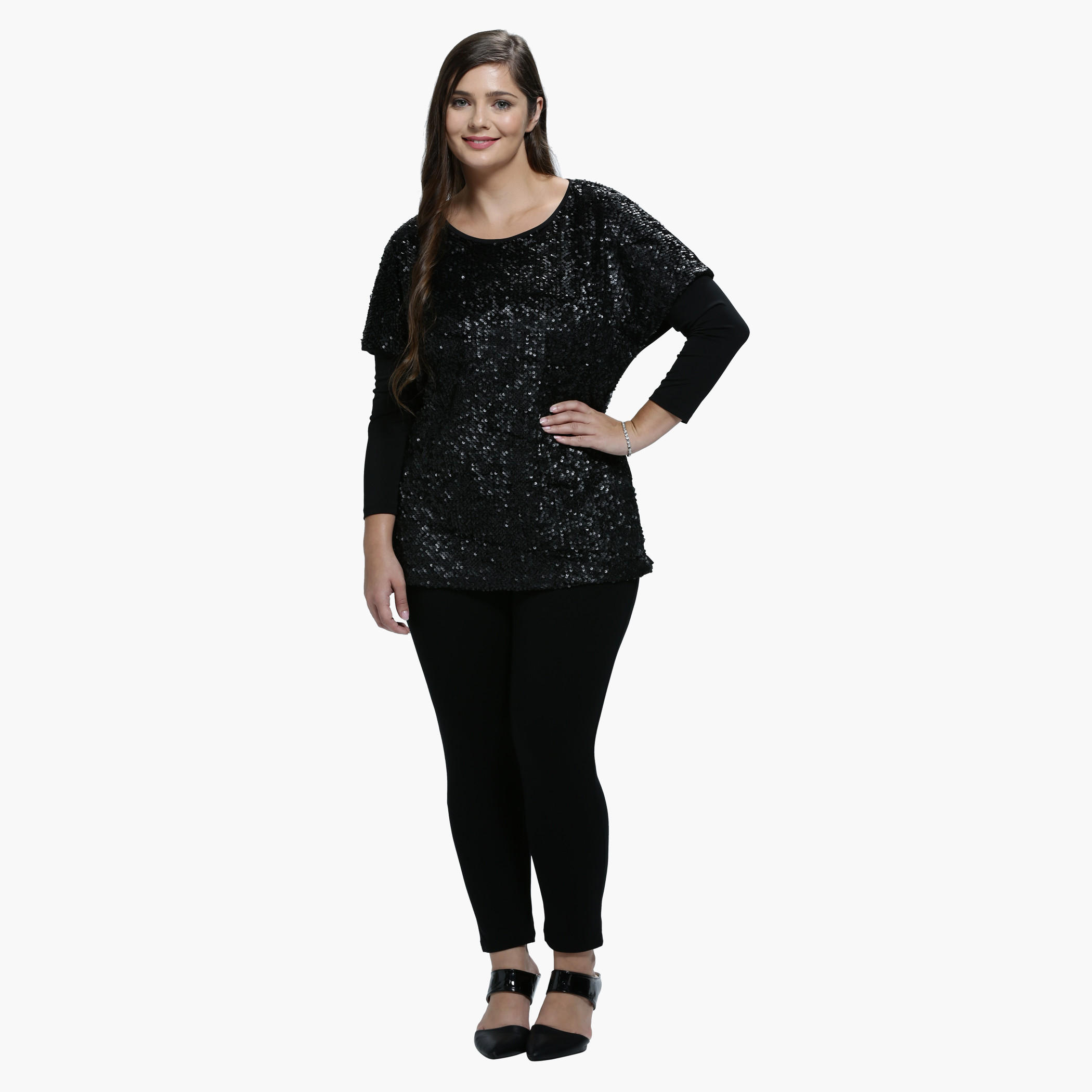 Plus Size Sequin Top with Round Neck and Long Sleeves-women-clothing-tshirts-image-5