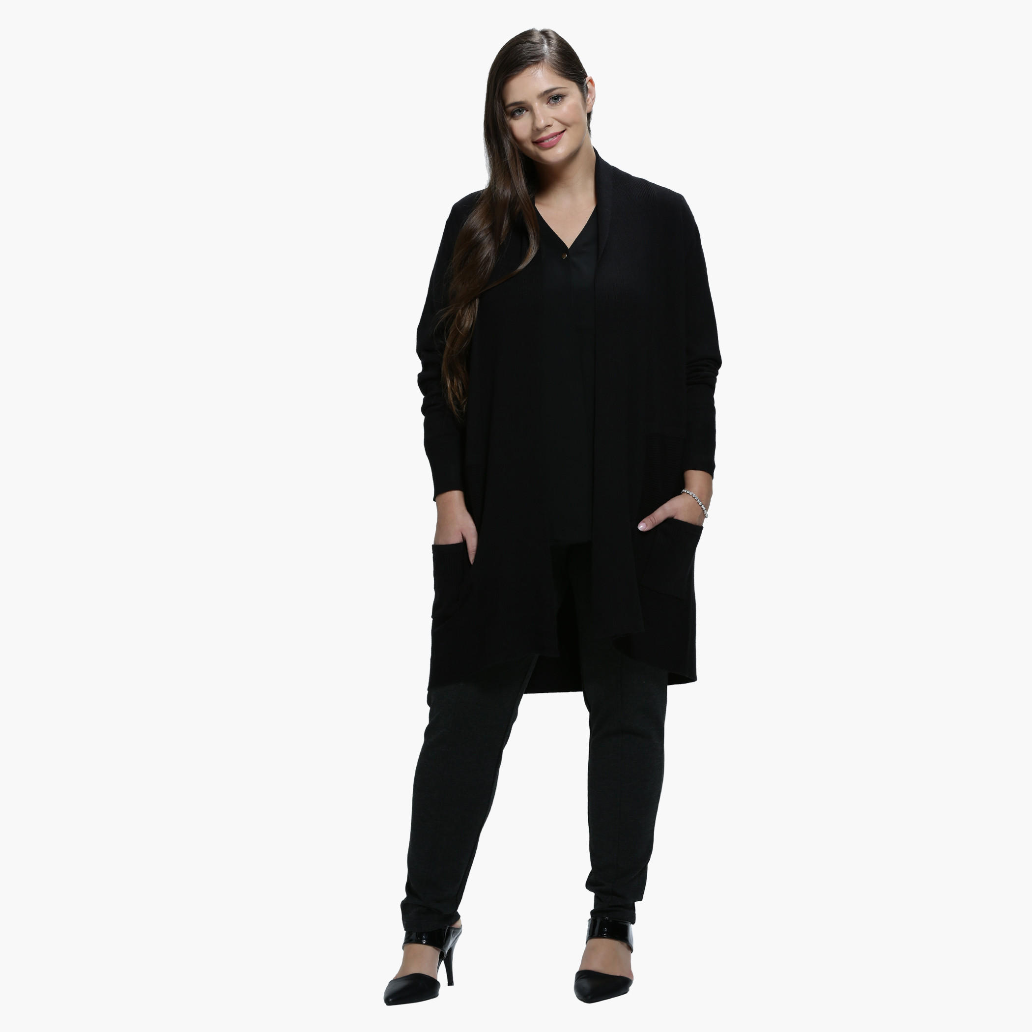 Plus Size Pocket Cardigan in Long Sleeves-women-winterwear-cardigansandjumpers-cardigans-image-1