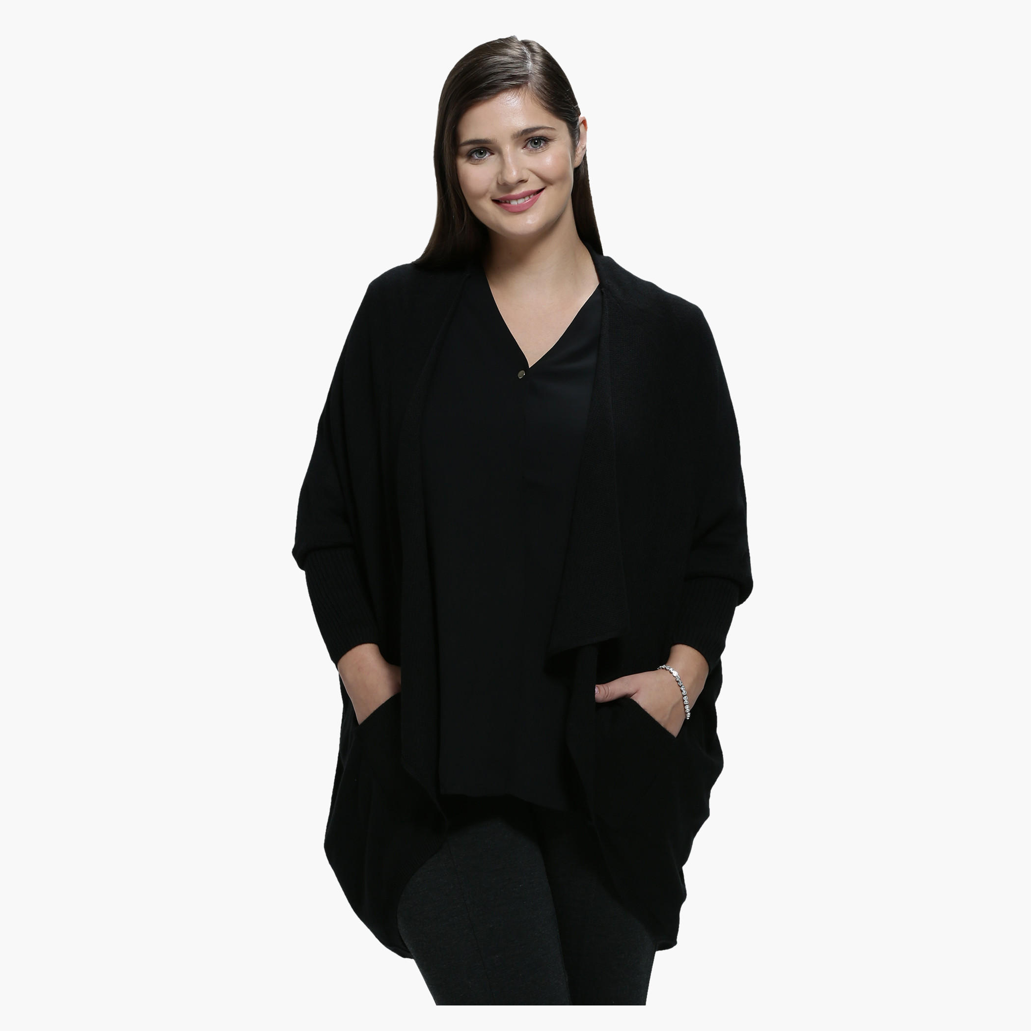 Plus Size Cardigan with Side Pockets and Long Sleeves-women-winterwear-cardigansandjumpers-cardigans-image-1