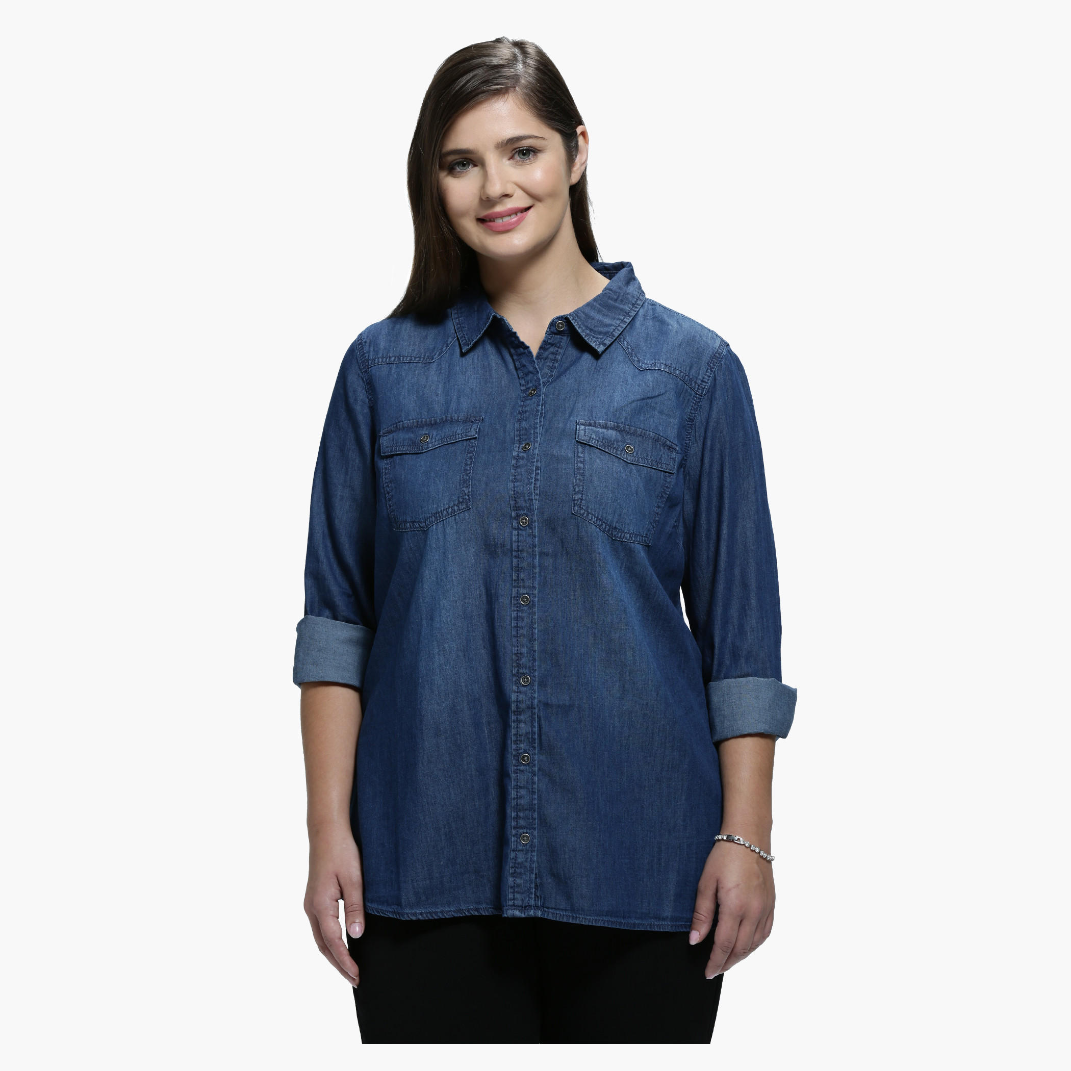 Plus Size Shirt with Spread Collar in Long Sleeves-women-clothing-shirtsandblouses-blouses-image-1