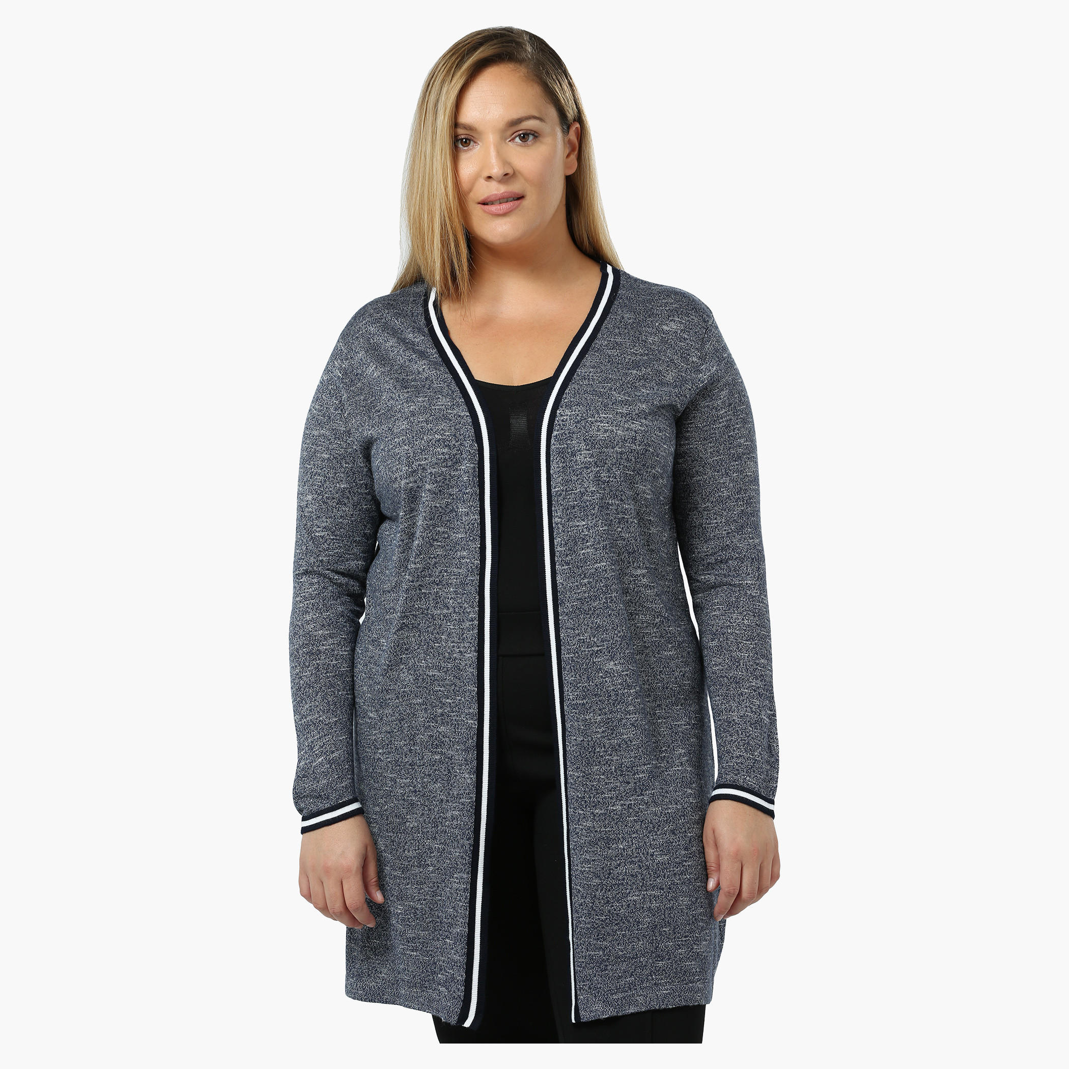 Plus Size Full-sleeved Long Knit Outer with Striped Trim-women-winterwear-cardigansandjumpers-cardigans-image-1