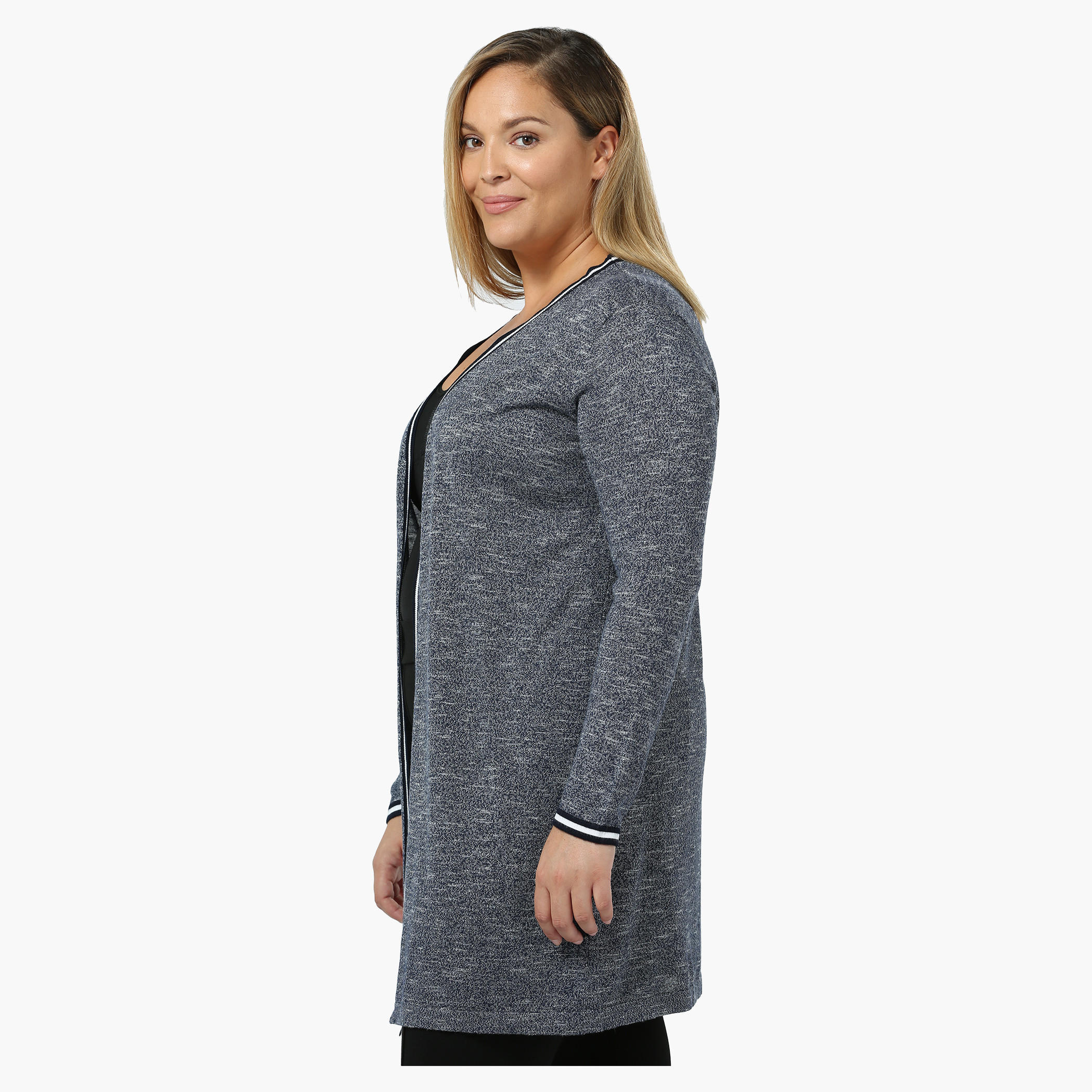 Plus Size Full-sleeved Long Knit Outer with Striped Trim-women-winterwear-cardigansandjumpers-cardigans-image-3
