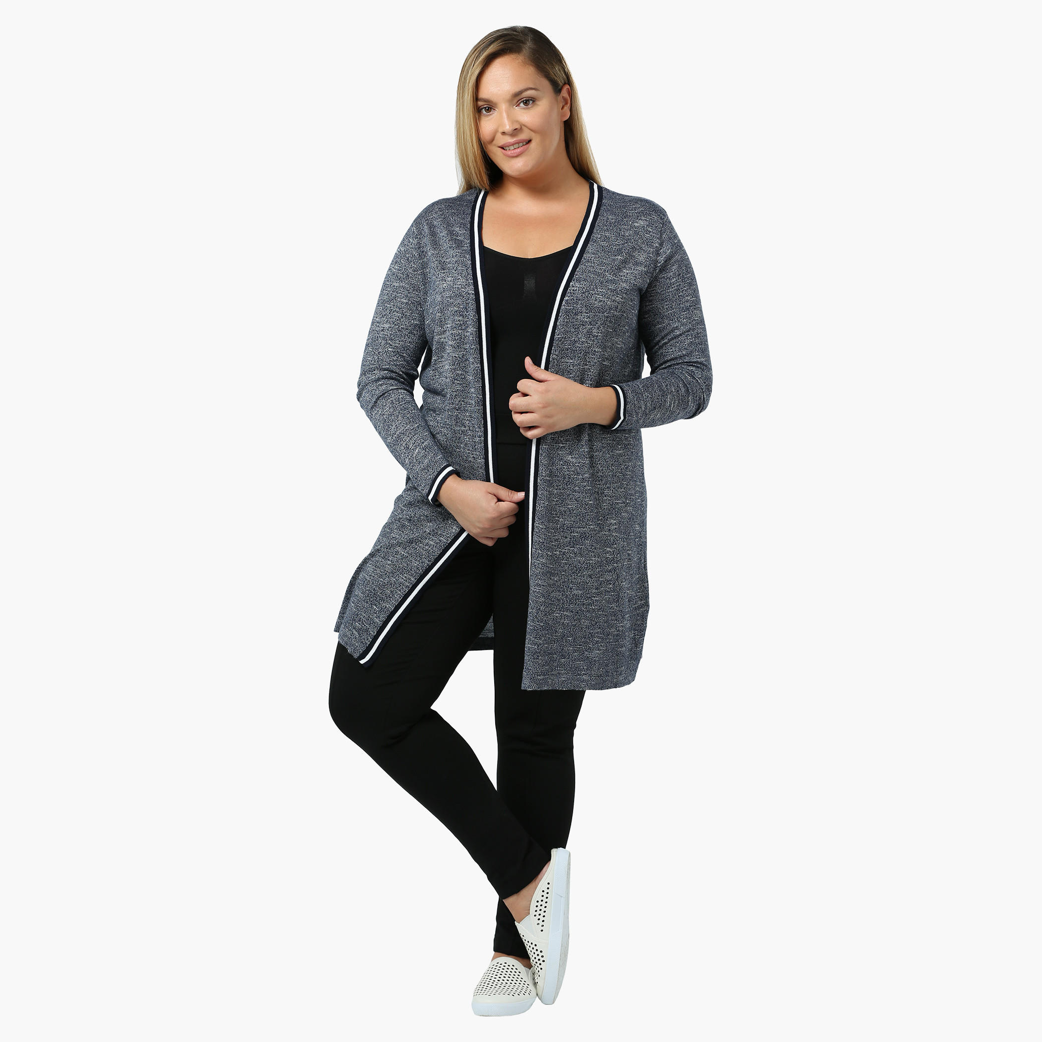 Plus Size Full-sleeved Long Knit Outer with Striped Trim-women-winterwear-cardigansandjumpers-cardigans-image-5