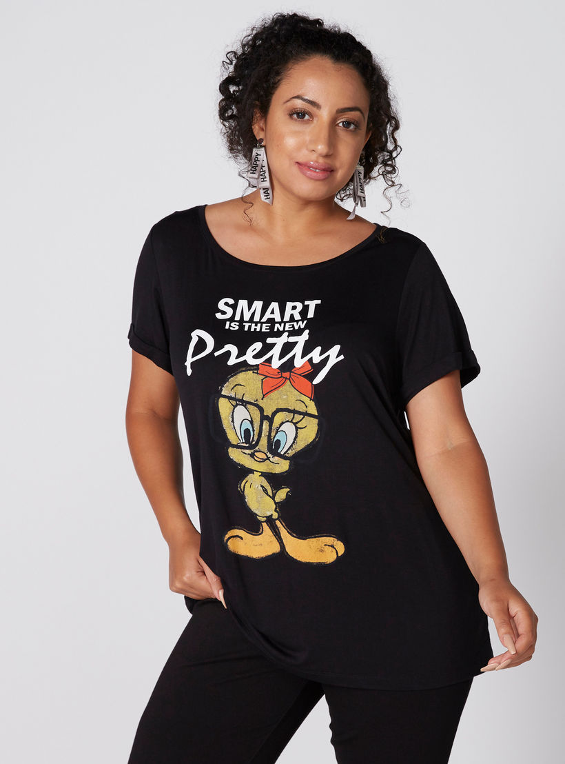تيشيرت بياقة قارب وأكمام قصيرة وطبعات تويتي-women-clothing-tshirts-image-1