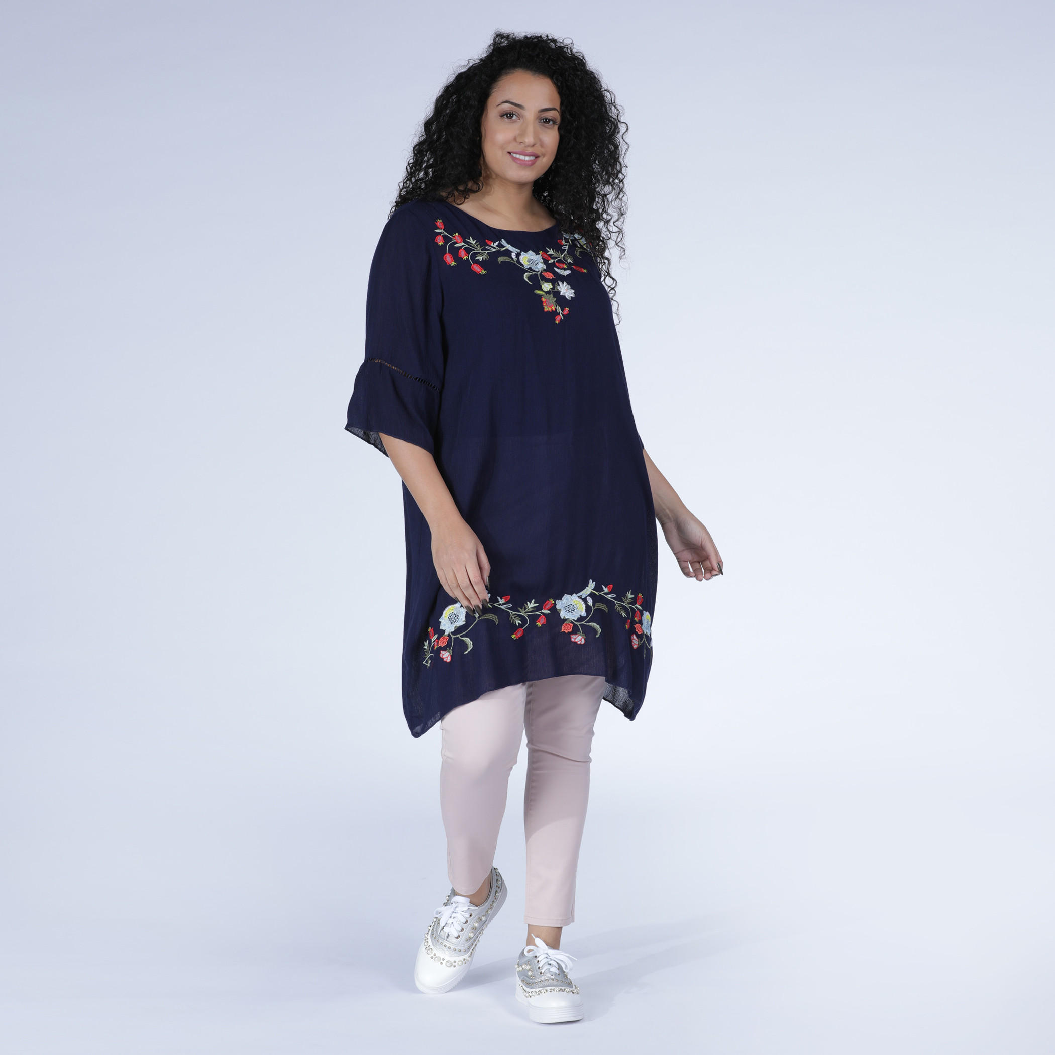 Embroidered Tunic with Round Neck and 3/4 Sleeves-women-clothing-shirtsandblouses-blouses-image-1