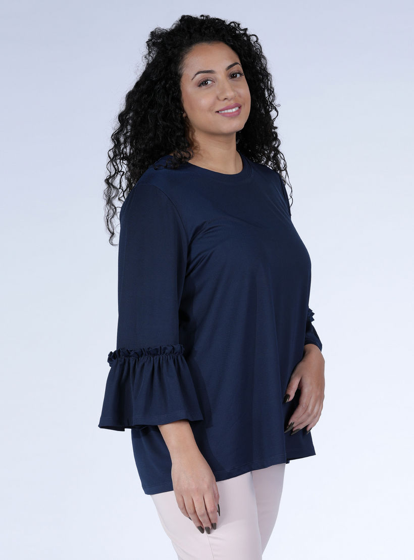 بلوزة بياقة مستديرة وأكمام بطول 3/4 وتفاصيل كشكش-women-clothing-shirtsandblouses-blouses-image-3
