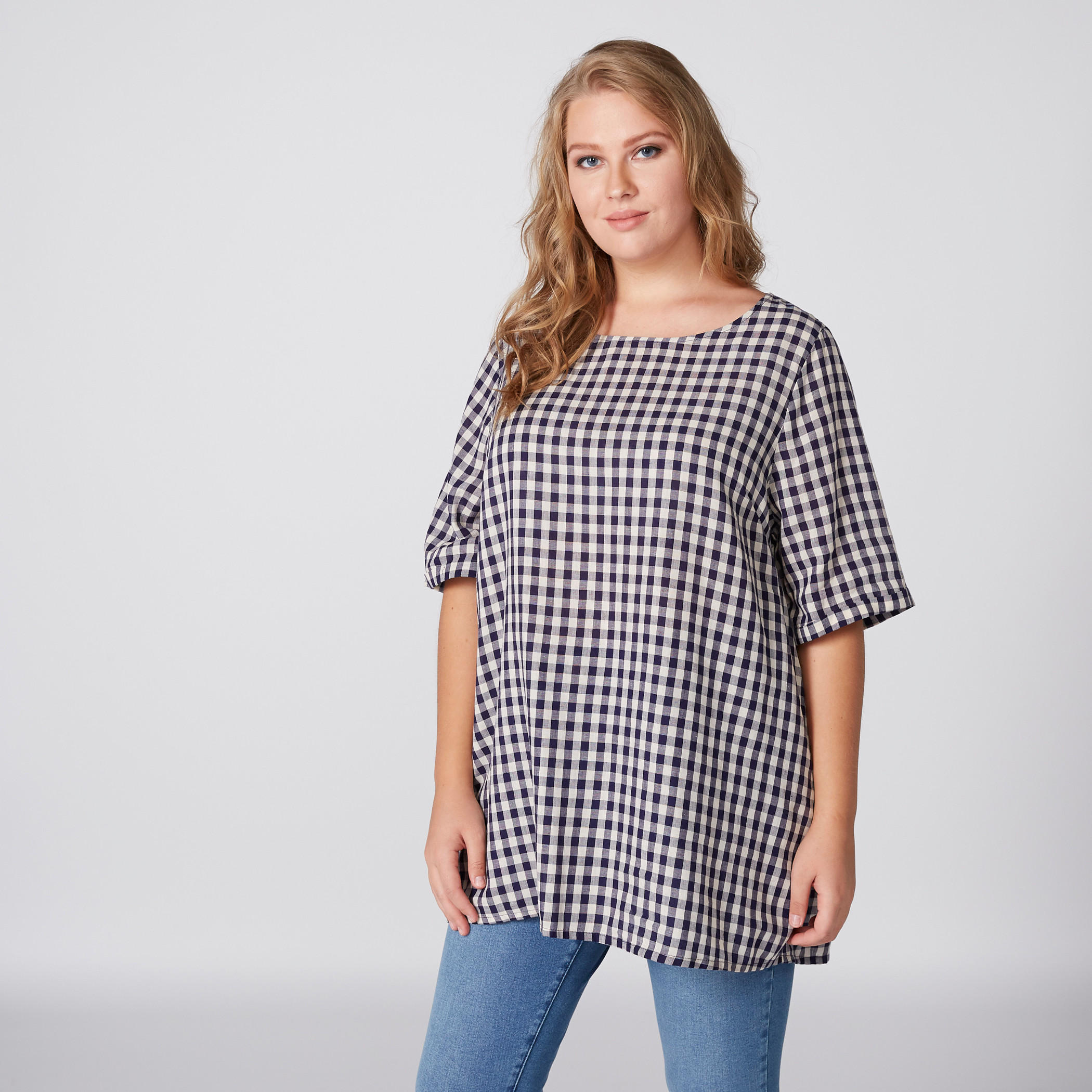 بلوزة طويلة كاروهات بياقة قارب-women-clothing-shirtsandblouses-blouses-image-2