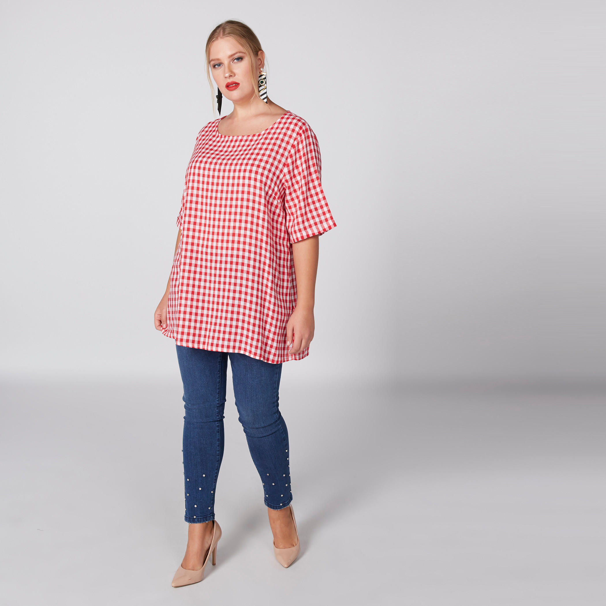 بلوزة طويلة كاروهات بياقة قارب-women-clothing-shirtsandblouses-blouses-image-2