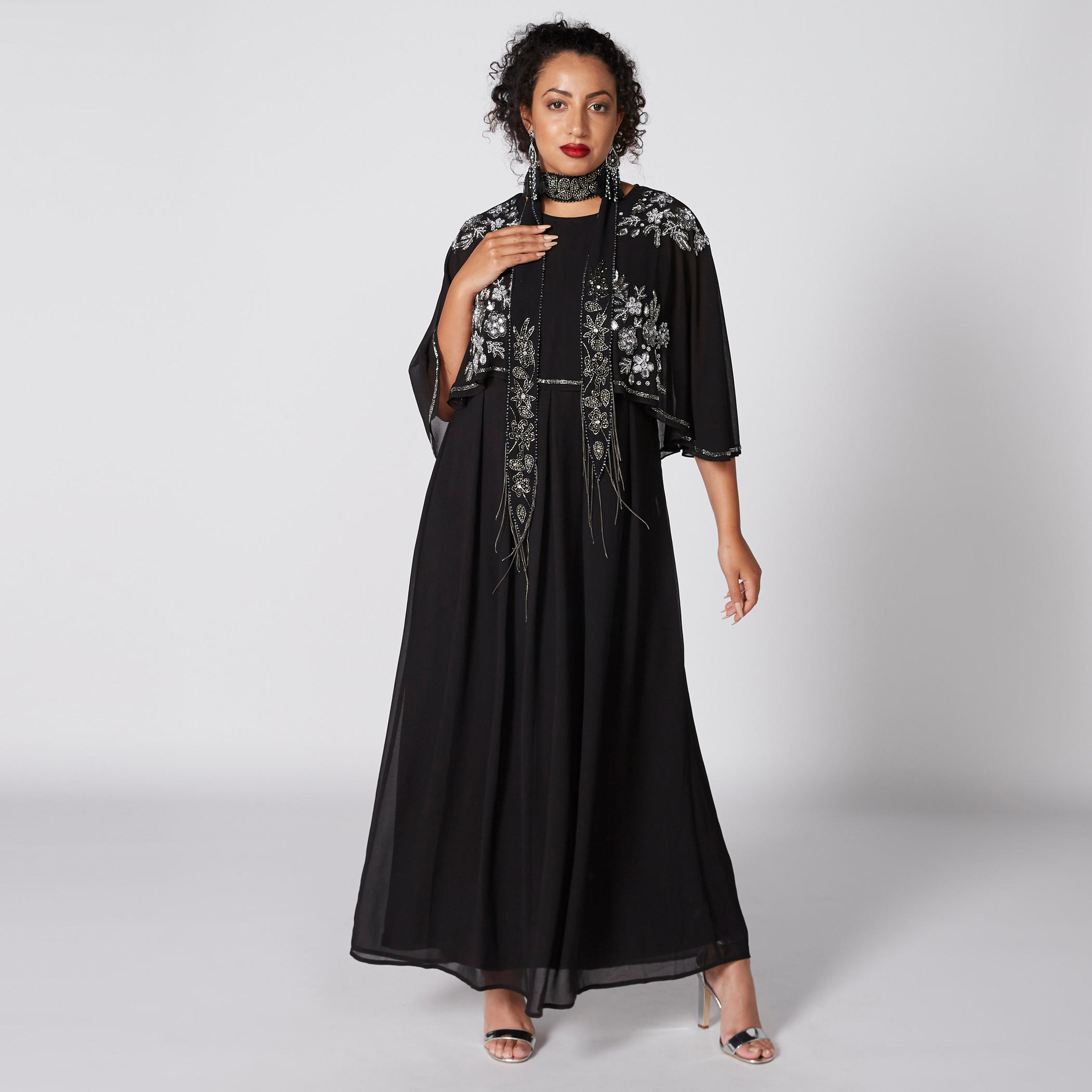 فستان طويل إيه لاين مزيّن بياقة مستديرة وأكمام قصيرة-women-clothing-dresses-image-1