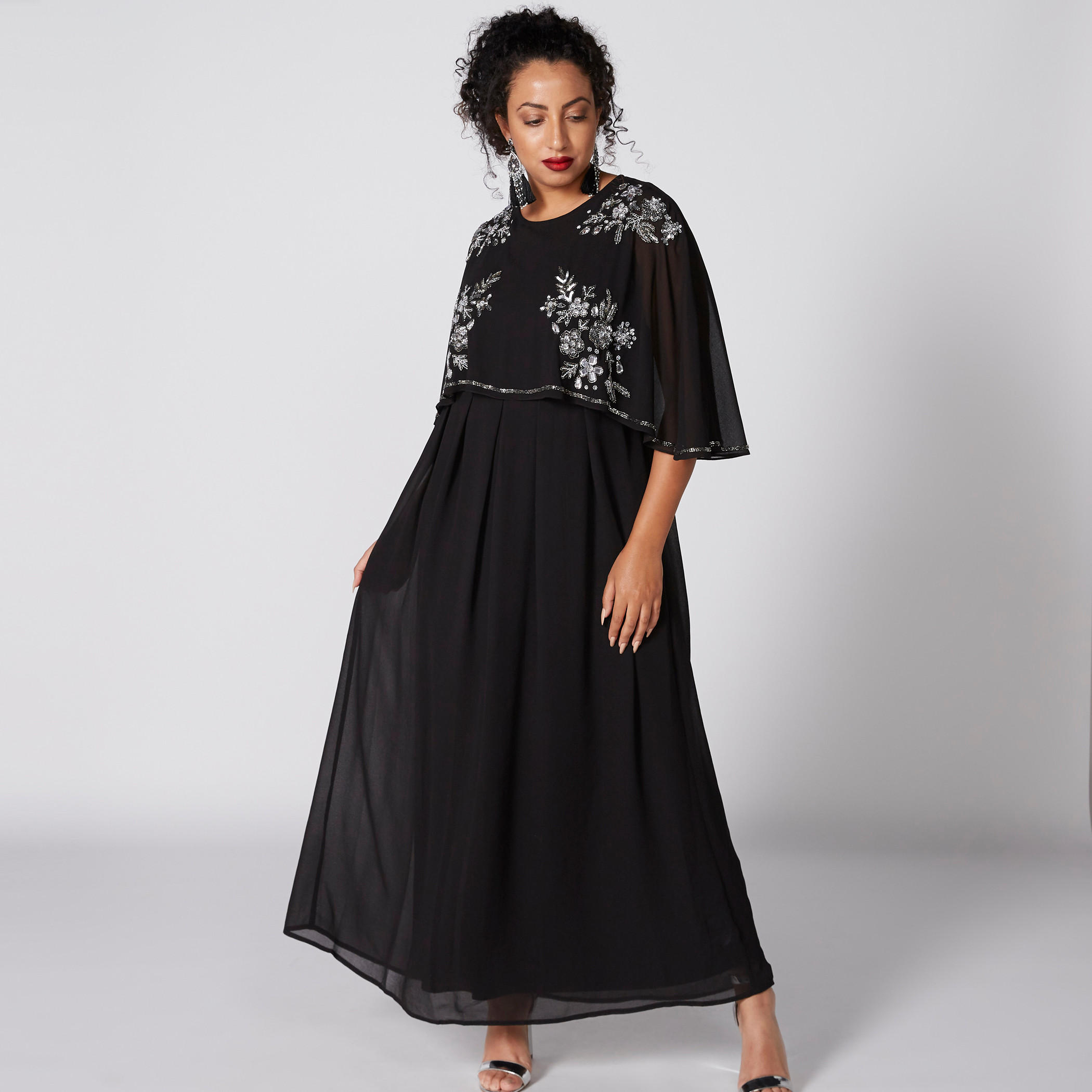 فستان طويل إيه لاين مزيّن بياقة مستديرة وأكمام قصيرة-women-clothing-dresses-image-4