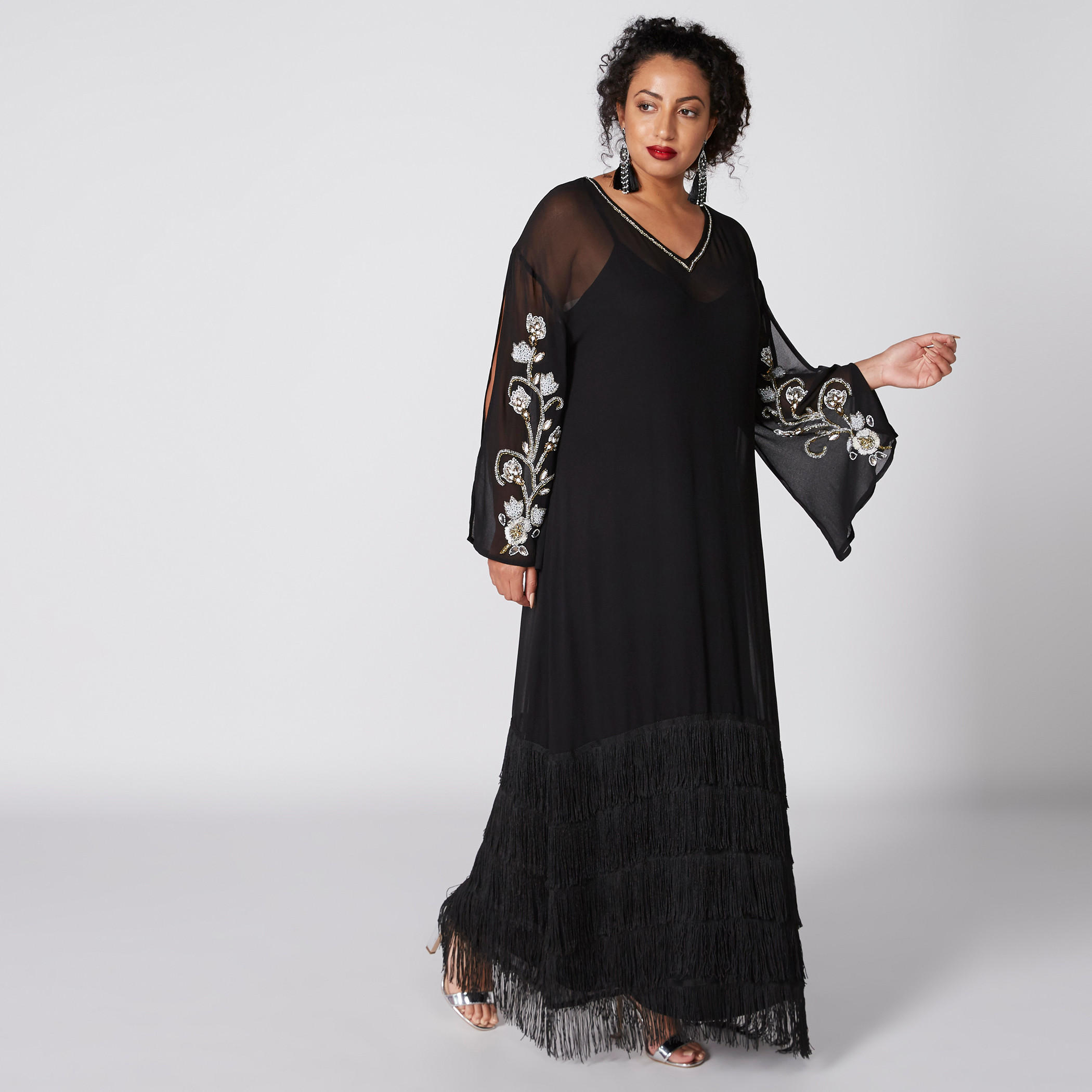 فستان آى لاين بياقة V وأكمام طويلة-women-clothing-dresses-image-1