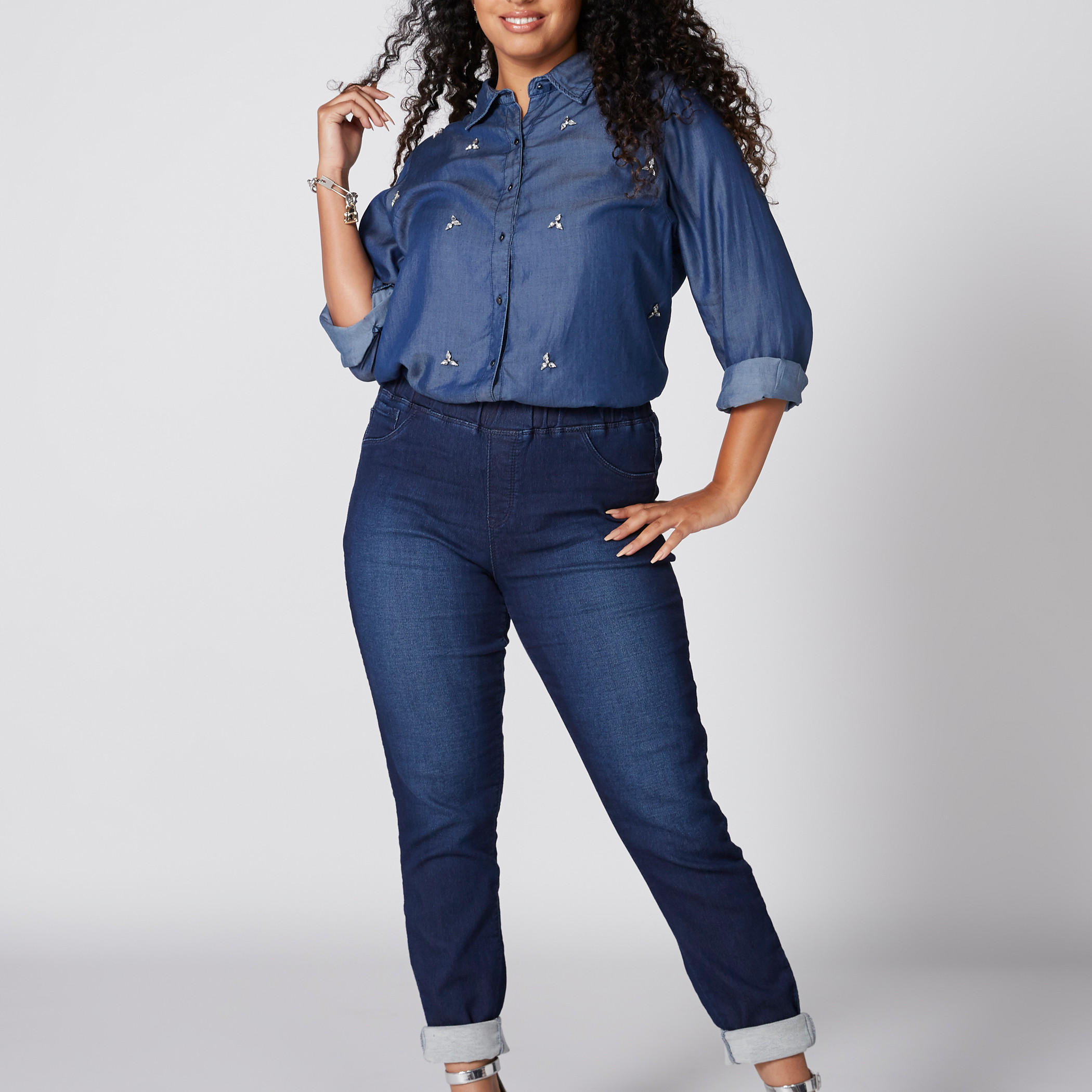 Denim Full Length Jeggings with Elasticised Waistband and Pocket Detail-women-clothing-bottoms-leggings-image-4