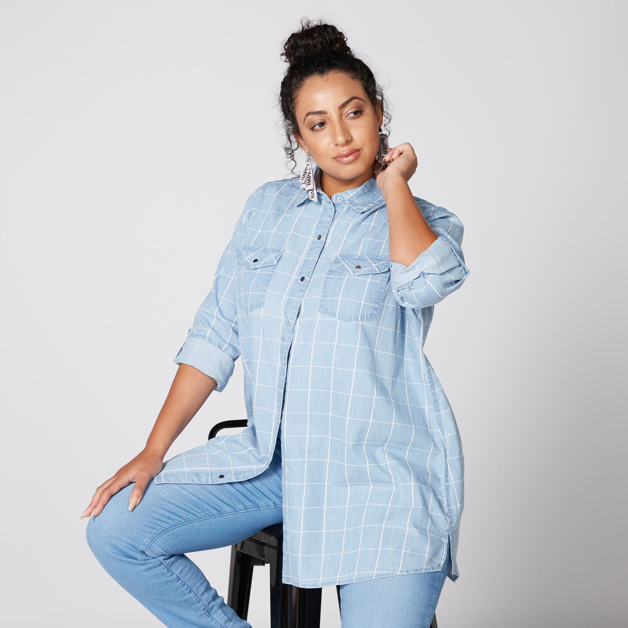 قميص كاروهات من الدينم بأكمام طويلة وجيوب-women-clothing-shirtsandblouses-blouses-image-1
