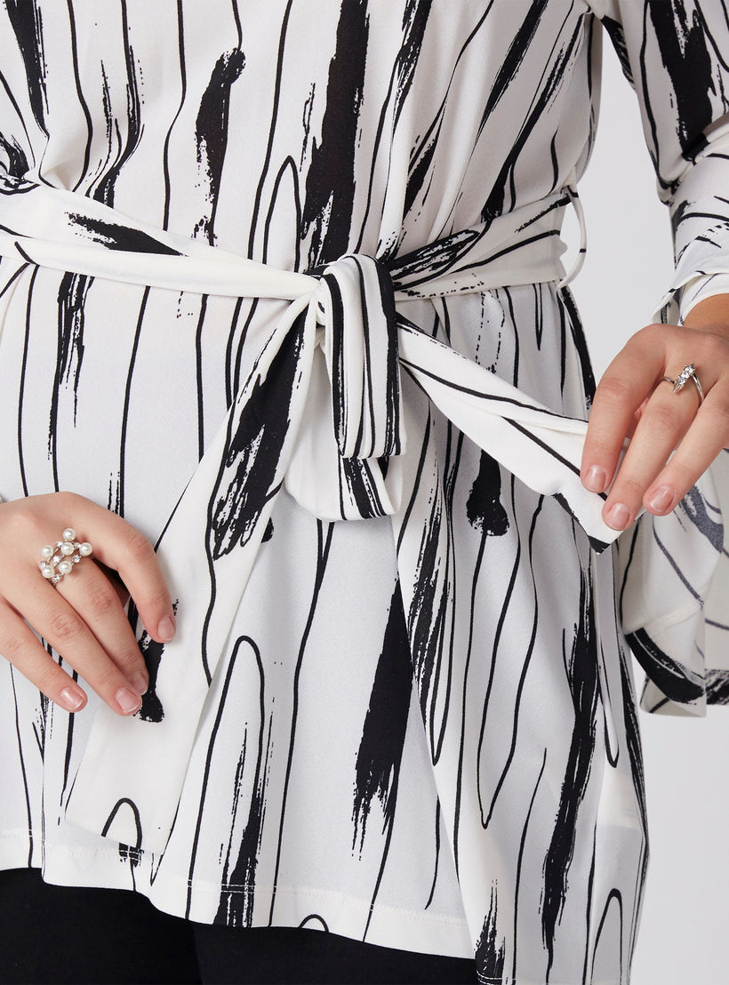 بلوزة ملفوفة بطبعات وياقة V وأكمام طويلة منتفخة-women-clothing-shirtsandblouses-blouses-image-1