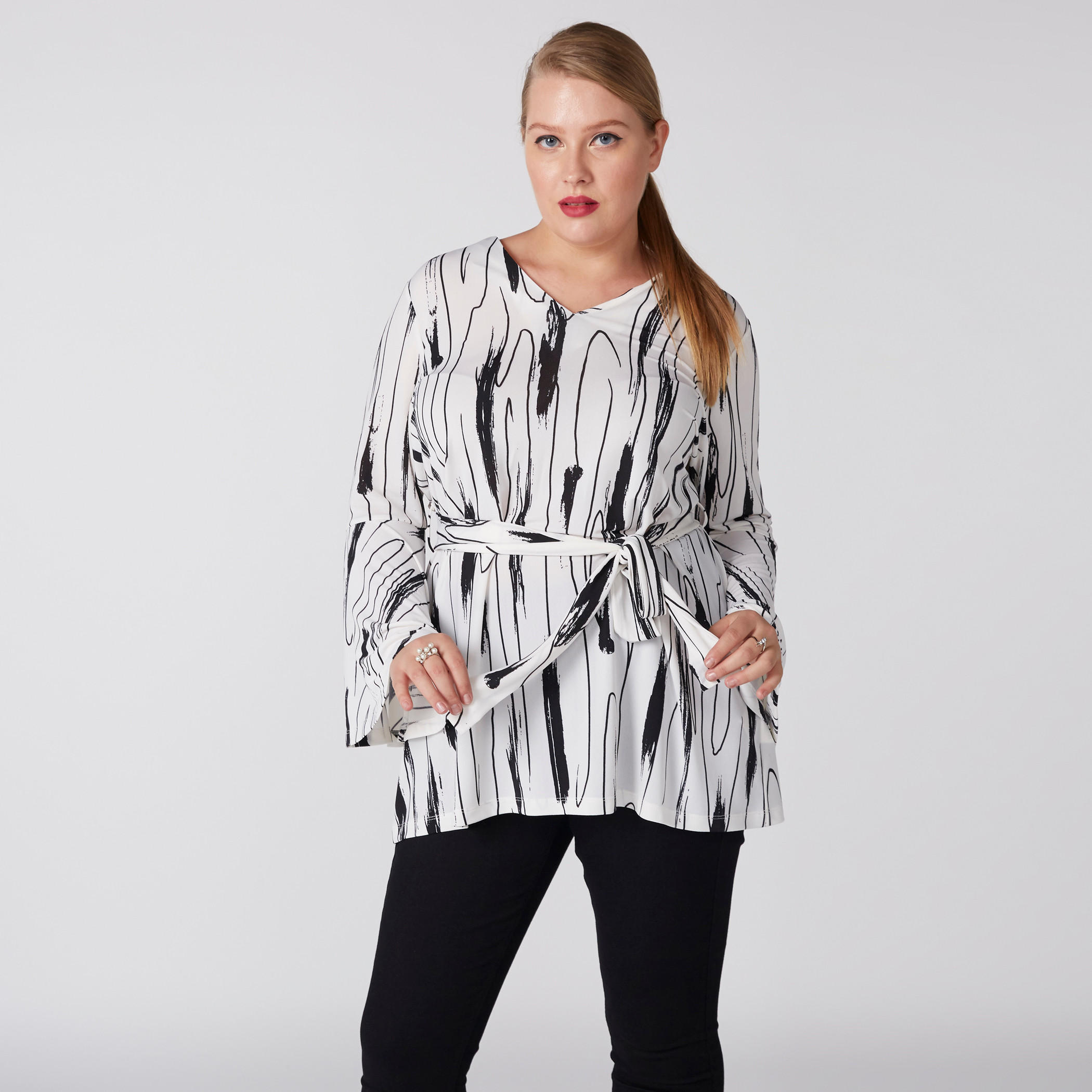 بلوزة ملفوفة بطبعات وياقة V وأكمام طويلة منتفخة-women-clothing-shirtsandblouses-blouses-image-2