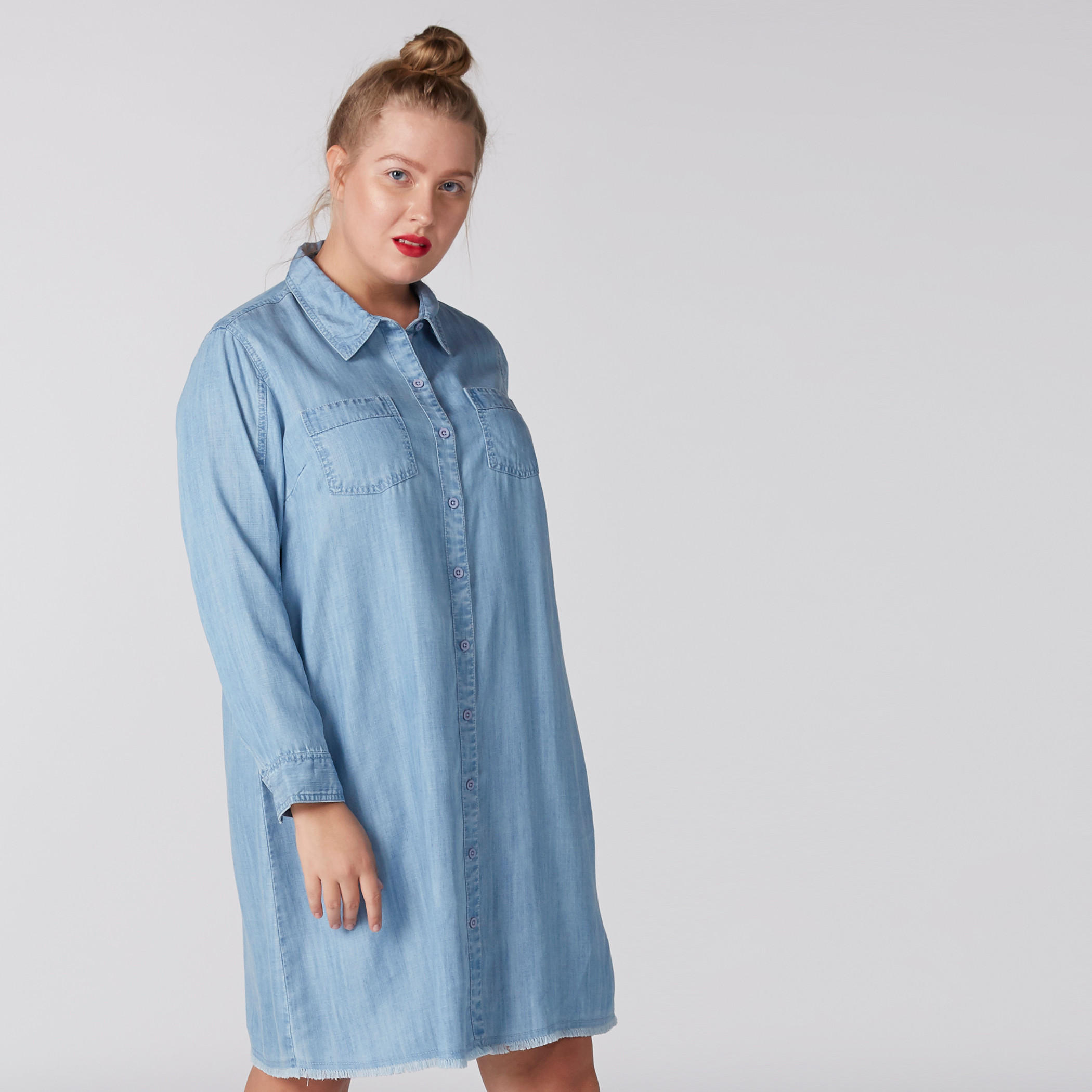 Denim Shirt Dress with Long Sleeves and Frayed Grazers-women-clothing-dresses-image-2