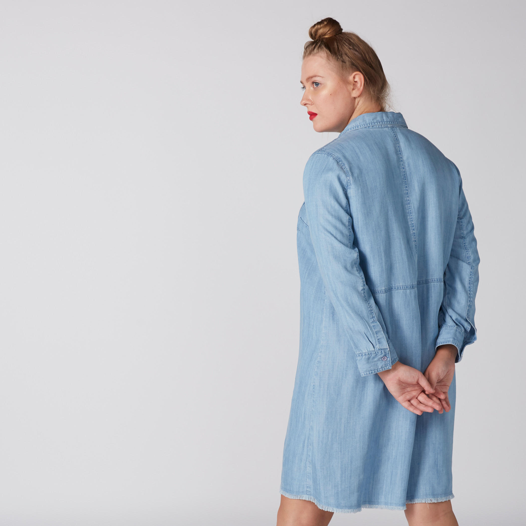 Denim Shirt Dress with Long Sleeves and Frayed Grazers-women-clothing-dresses-image-3