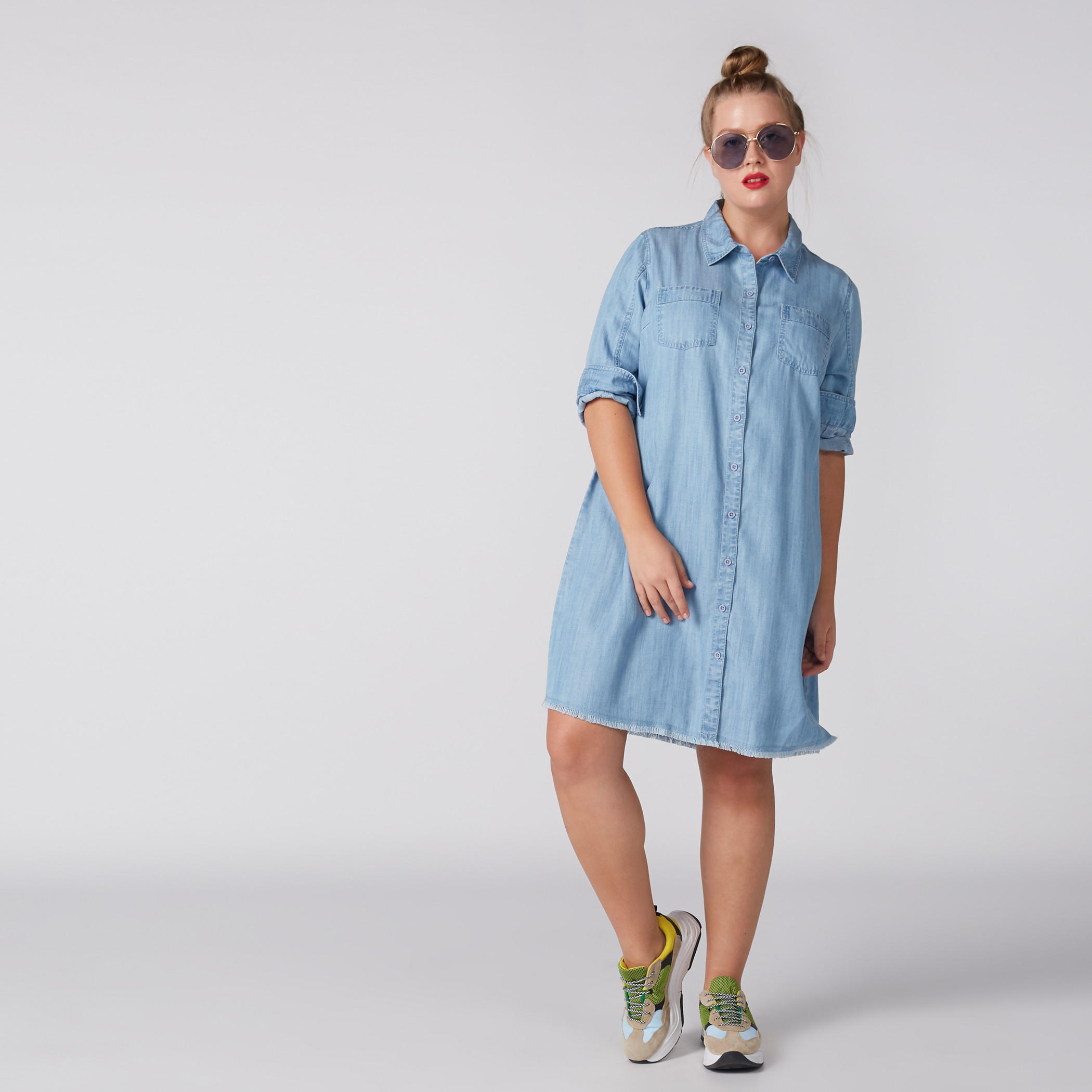 Denim Shirt Dress with Long Sleeves and Frayed Grazers-women-clothing-dresses-image-4