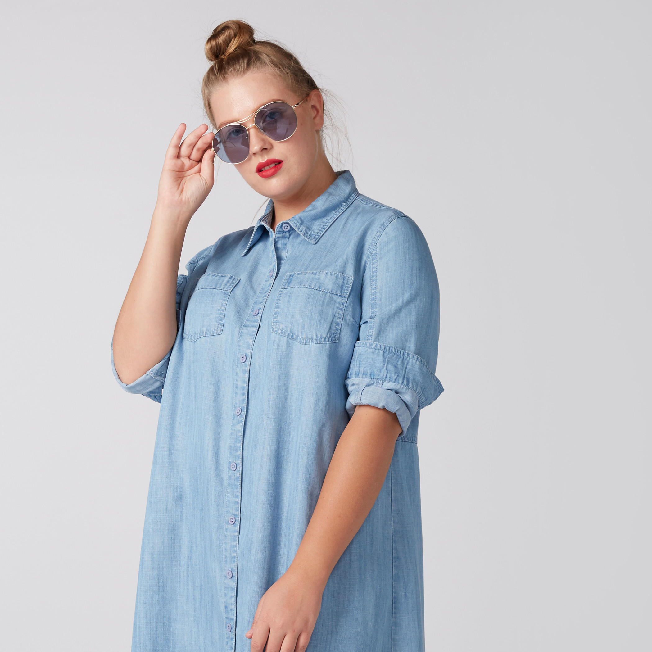 Denim Shirt Dress with Long Sleeves and Frayed Grazers-women-clothing-dresses-image-5