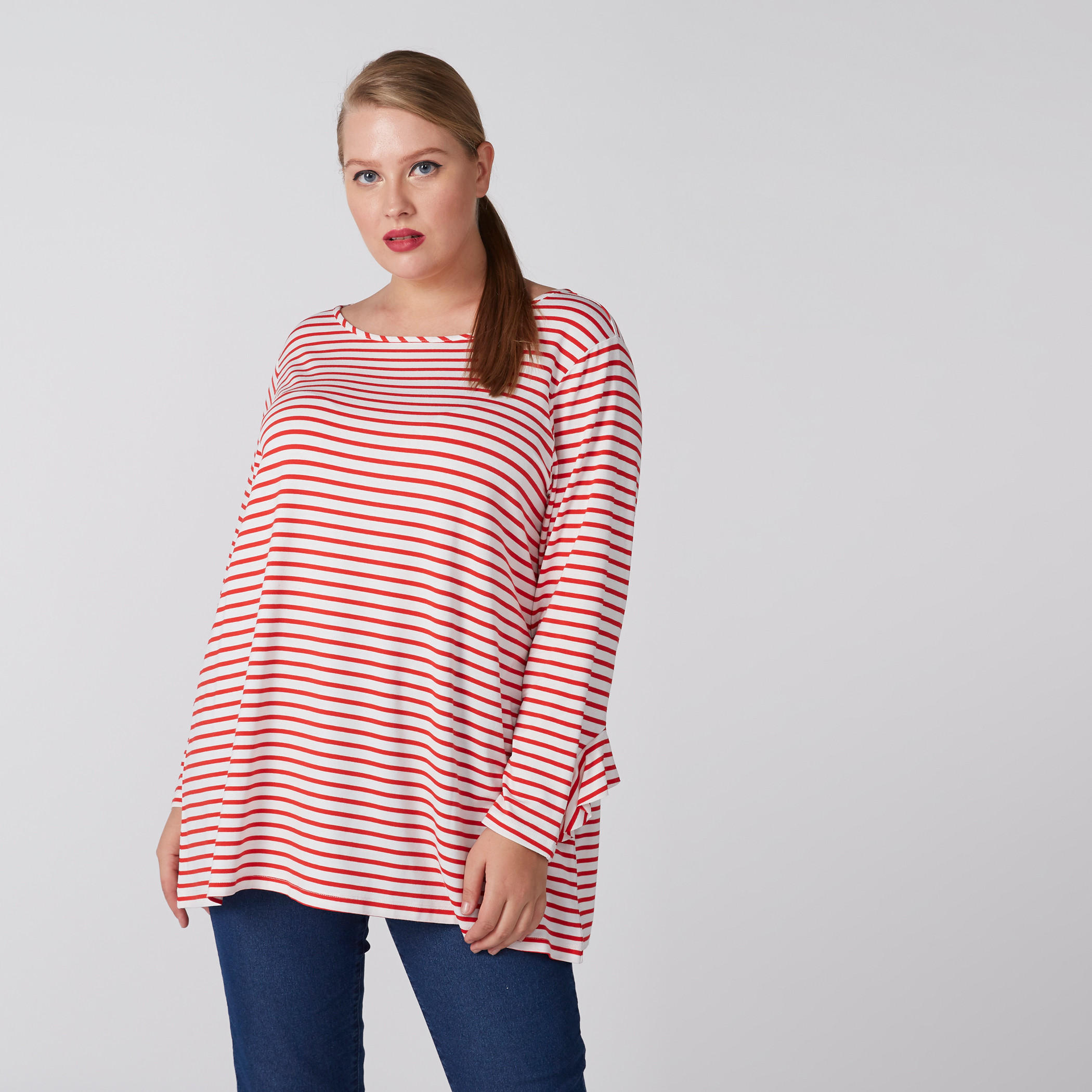 بلوزة مقلمة بياقة قارب وأكمام طويلة-women-clothing-tshirts-image-1
