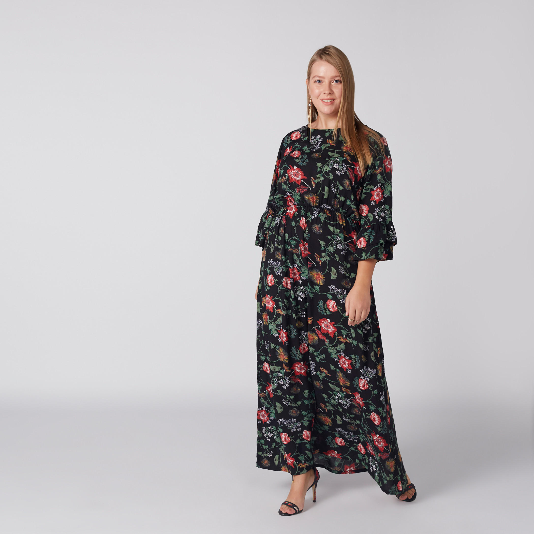 فستان ماكسي بطبعات وياقة مستديرة وأكمام 3/4-women-clothing-dresses-image-1