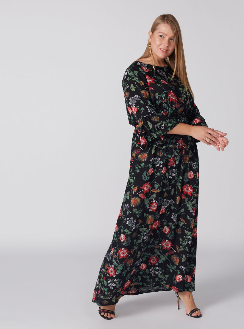 فستان ماكسي بطبعات وياقة مستديرة وأكمام 3/4-women-clothing-dresses-image-5