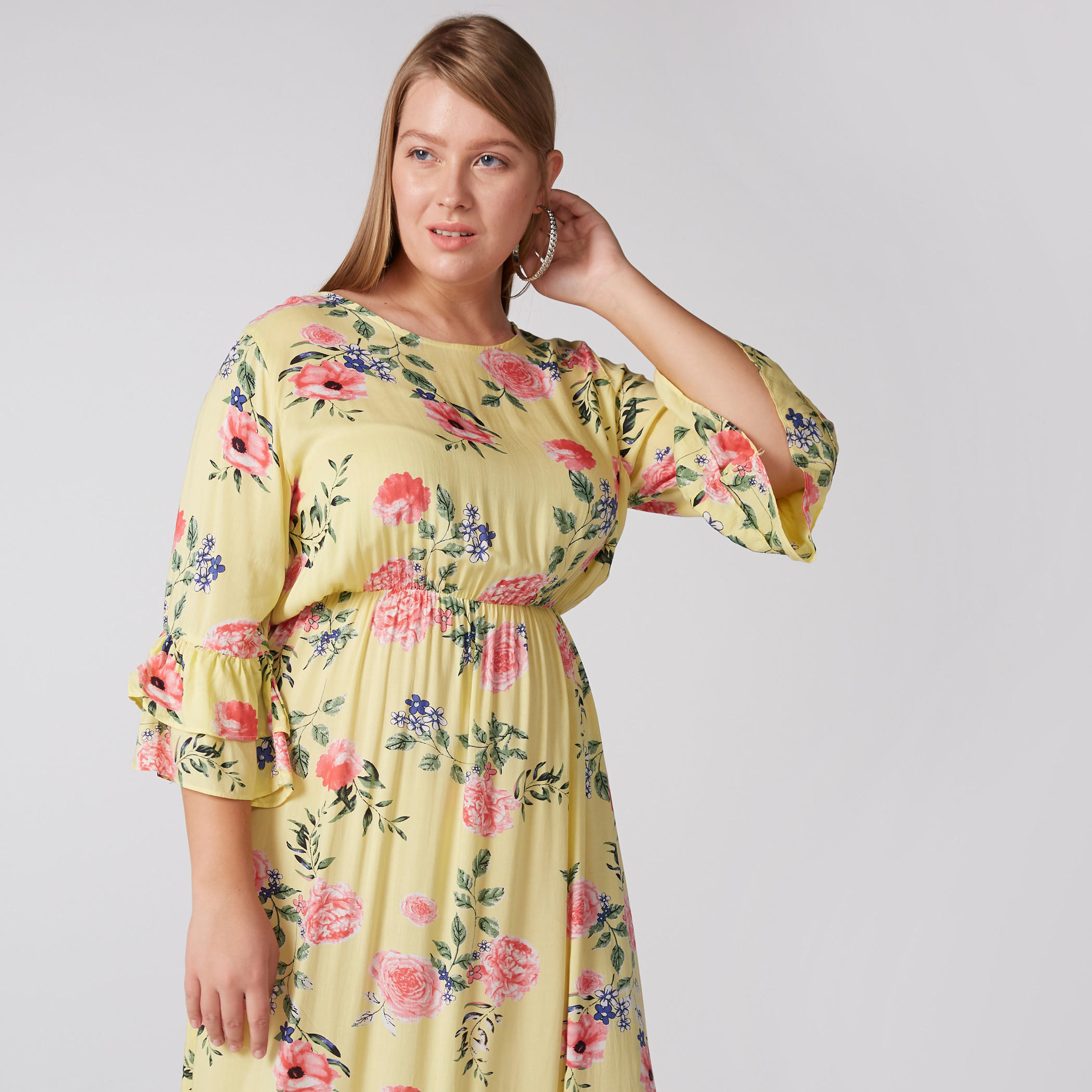 فستان ماكسي بطبعات وياقة مستديرة وأكمام 3/4-women-clothing-dresses-image-2