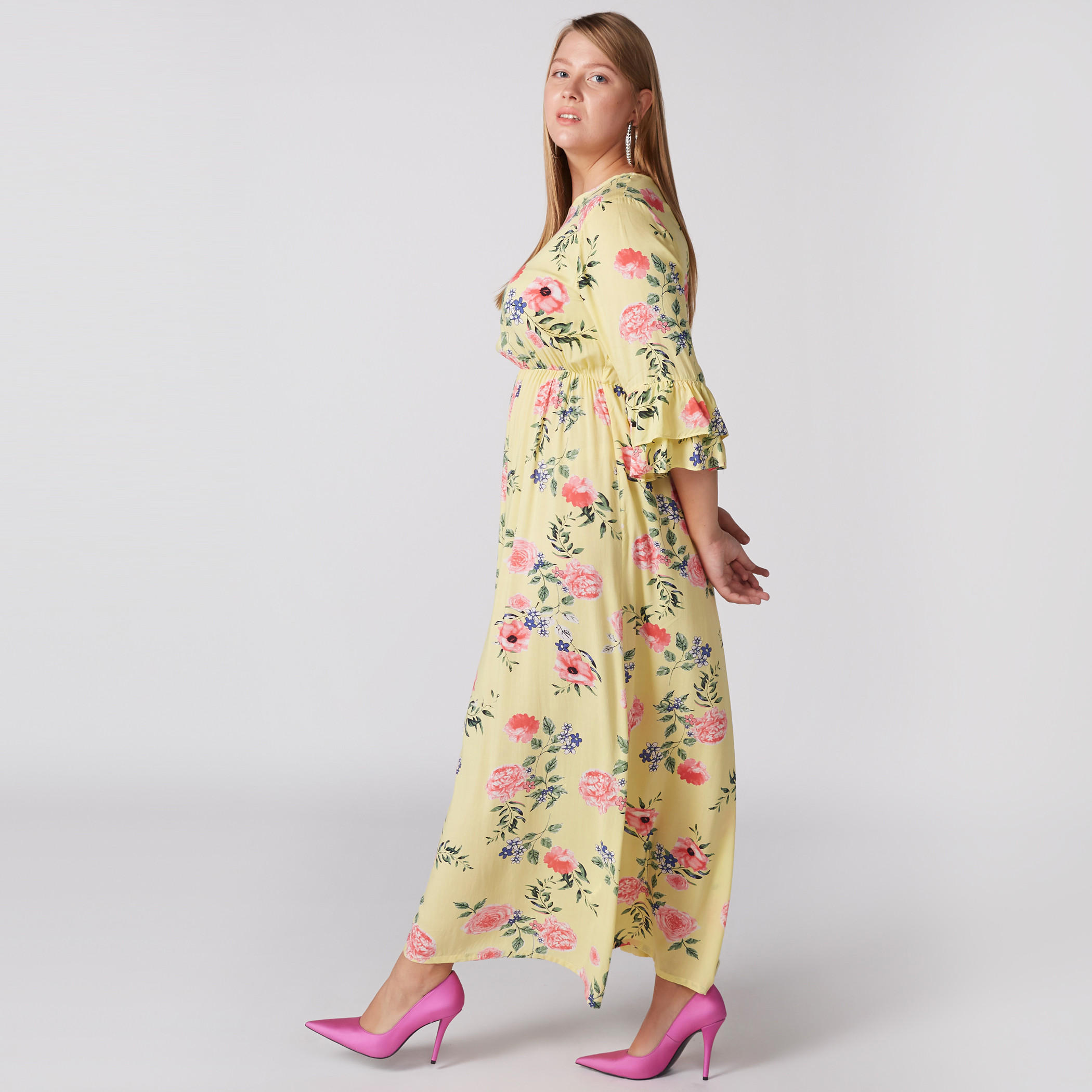 فستان ماكسي بطبعات وياقة مستديرة وأكمام 3/4-women-clothing-dresses-image-3