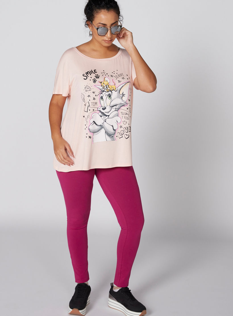 تيشيرت بياقة مستديرة وأكمام متصلة وطبعة توم أند جيري-women-clothing-tshirts-image-3