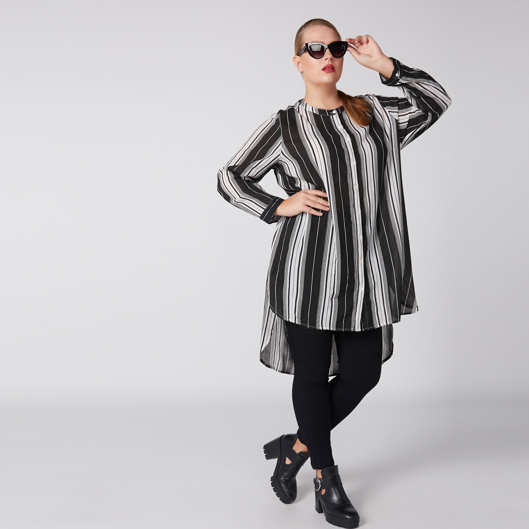 Striped Longline Shirt with Mandarin Collar and Long Sleeves-women-clothing-shirtsandblouses-blouses-image-1
