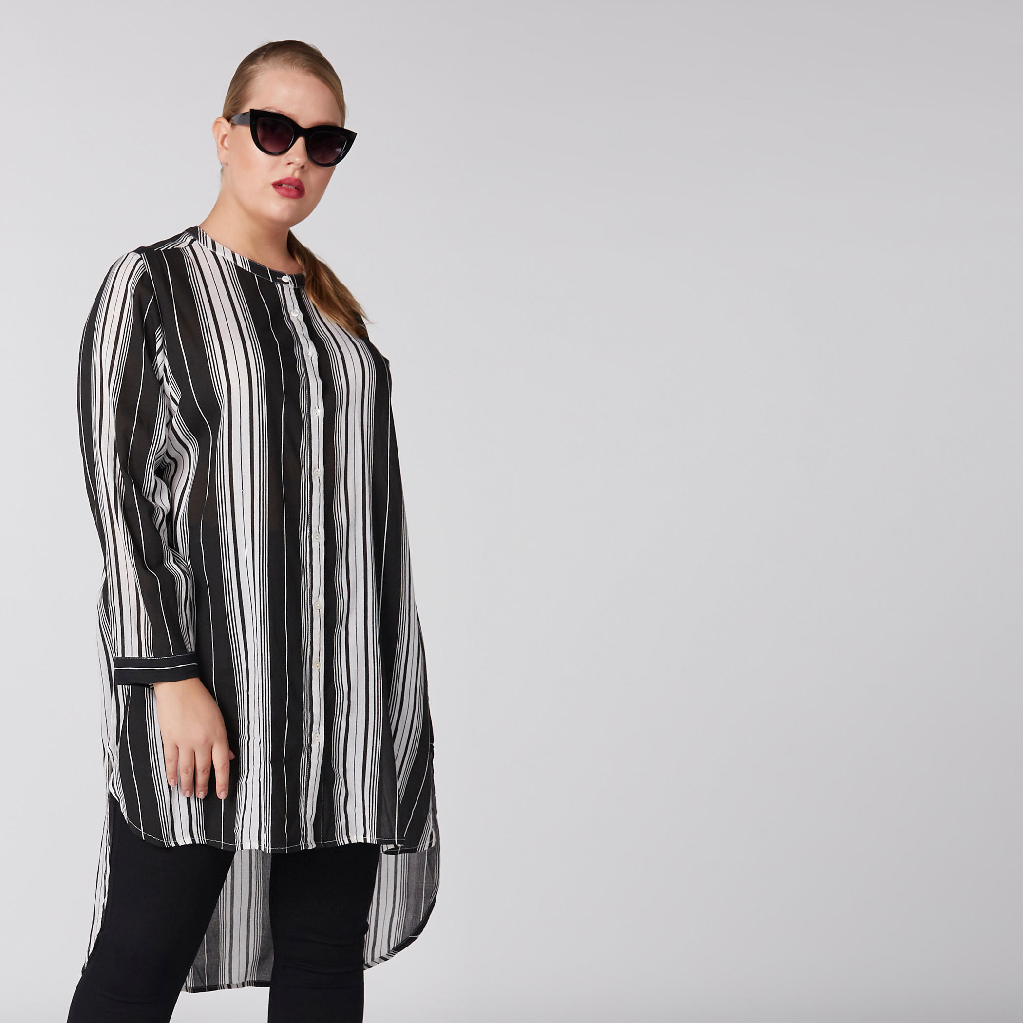 Striped Longline Shirt with Mandarin Collar and Long Sleeves-women-clothing-shirtsandblouses-blouses-image-2