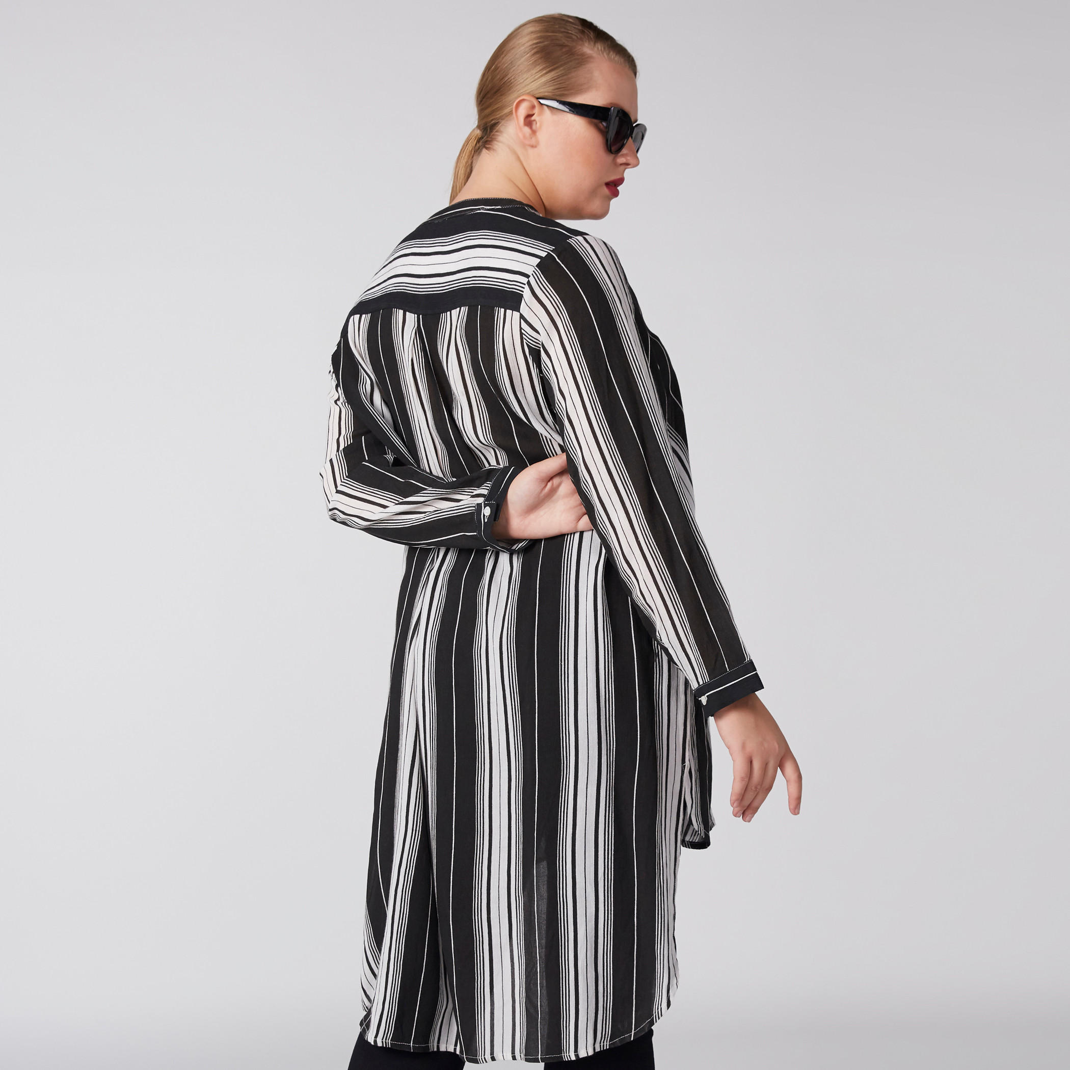 Striped Longline Shirt with Mandarin Collar and Long Sleeves-women-clothing-shirtsandblouses-blouses-image-3