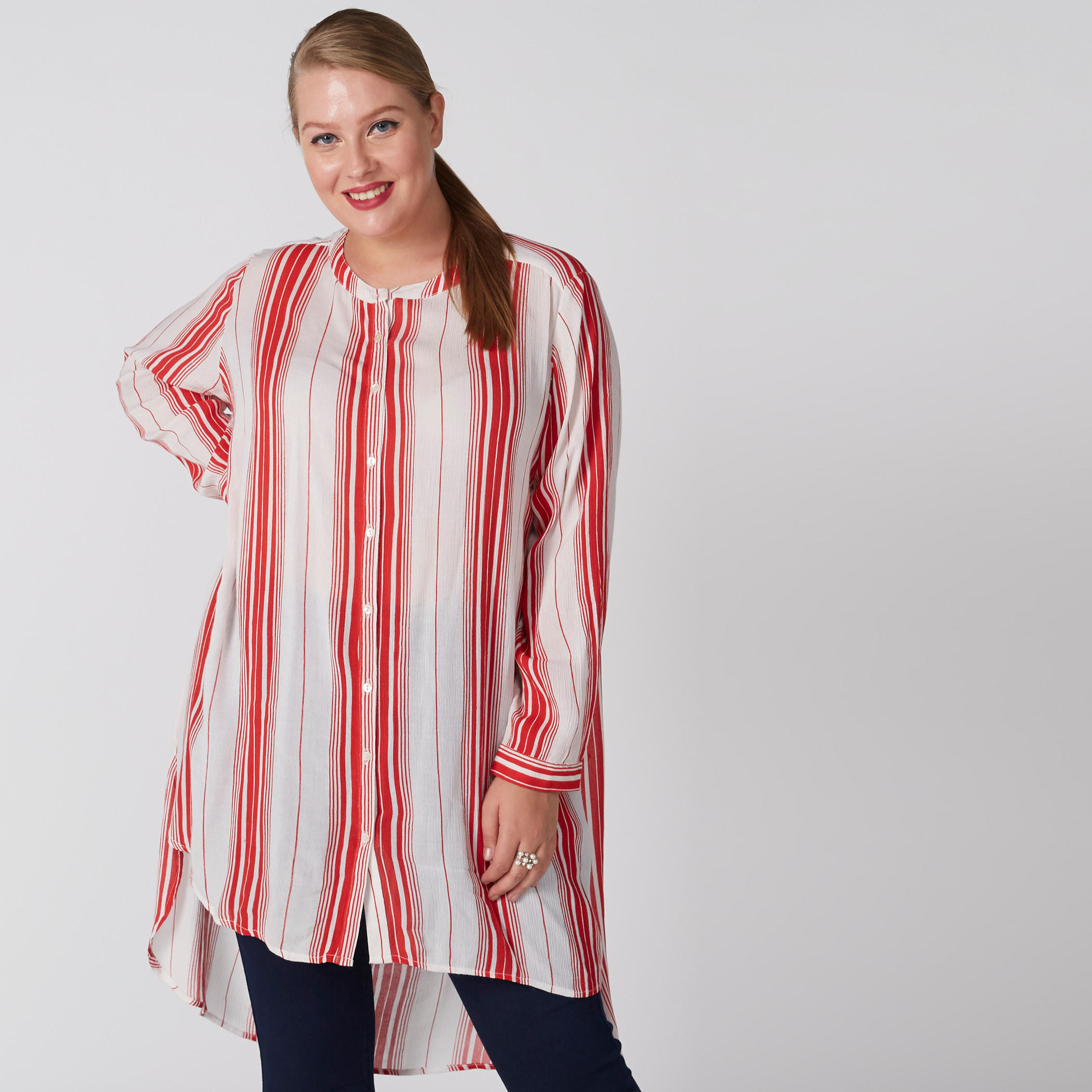 قميص طويل مقلّم بياقة ماندارين وأكمام طويلة-women-clothing-shirtsandblouses-blouses-image-1
