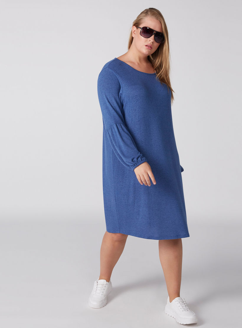 فستان بارز الملمس متوسط الطول بياقة مستديرة وأكمام طويلة-women-clothing-dresses-image-1