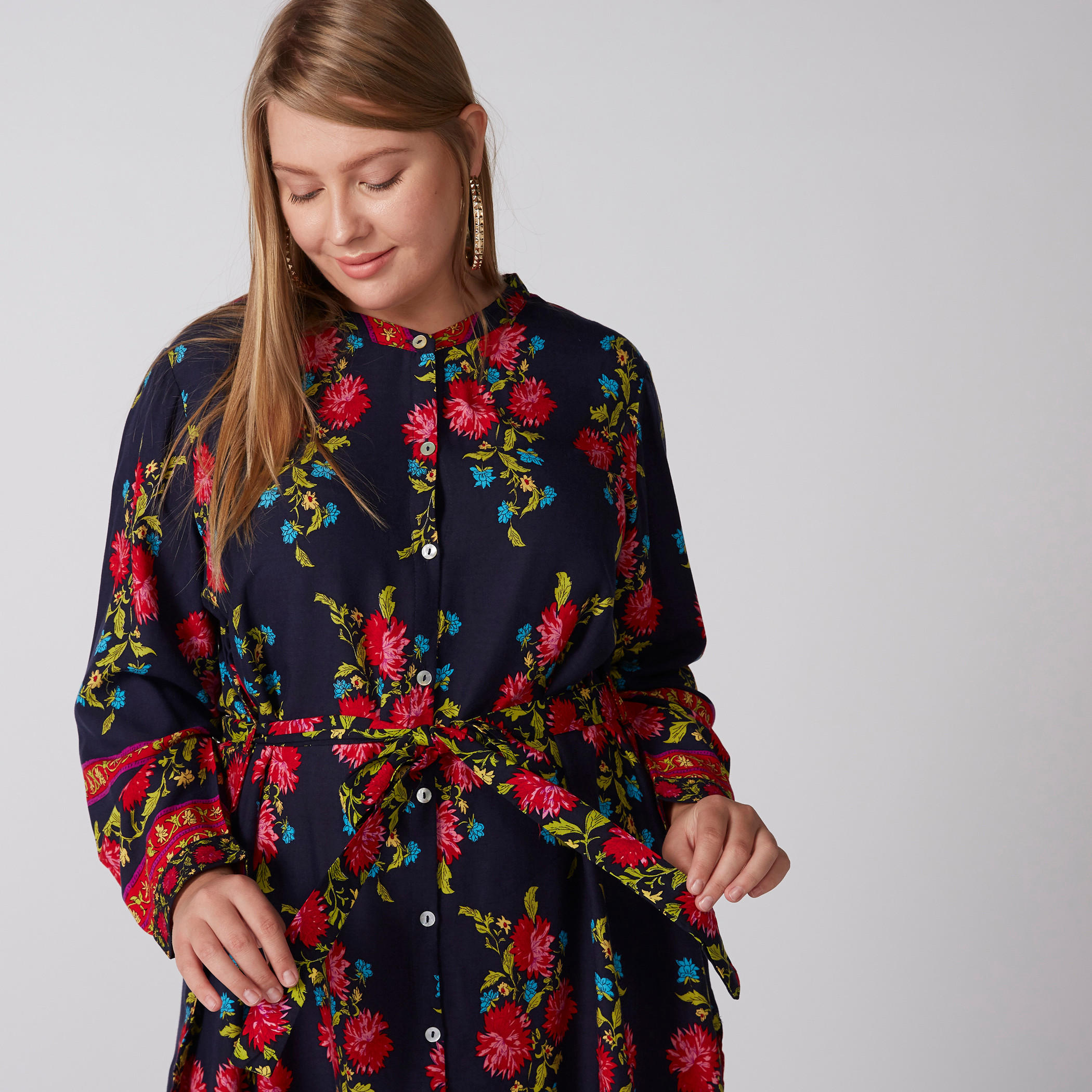 Printed Midi Shirt Dress with Long Sleeves and Tie Ups-women-clothing-dresses-image-1
