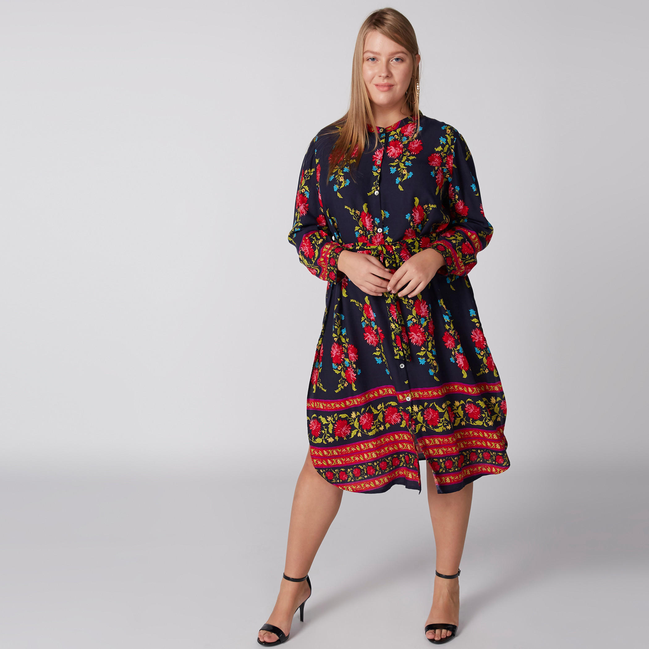 Printed Midi Shirt Dress with Long Sleeves and Tie Ups-women-clothing-dresses-image-2