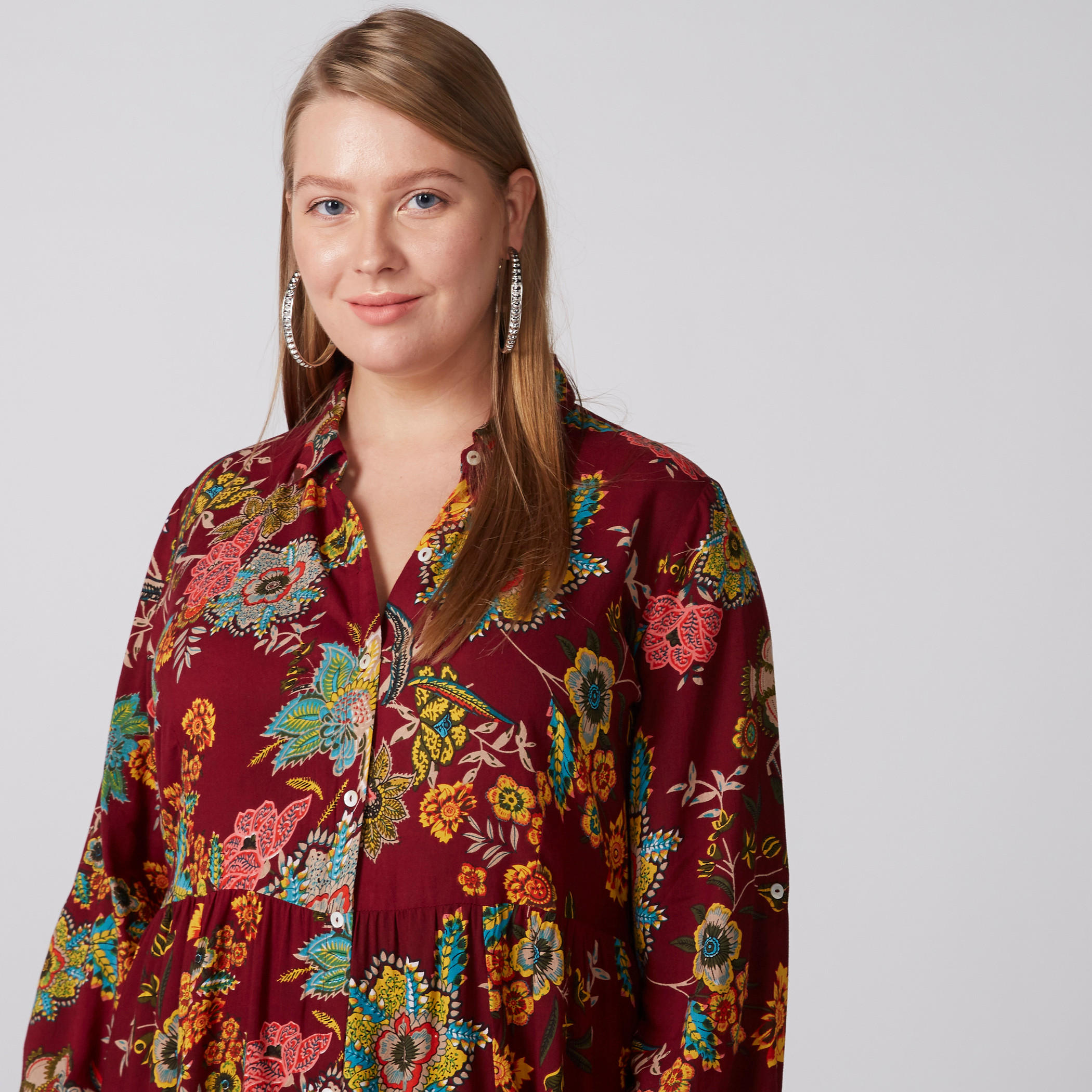 Floral Printed Midi Dress with Long Sleeves and Complete Placket-women-clothing-dresses-image-1