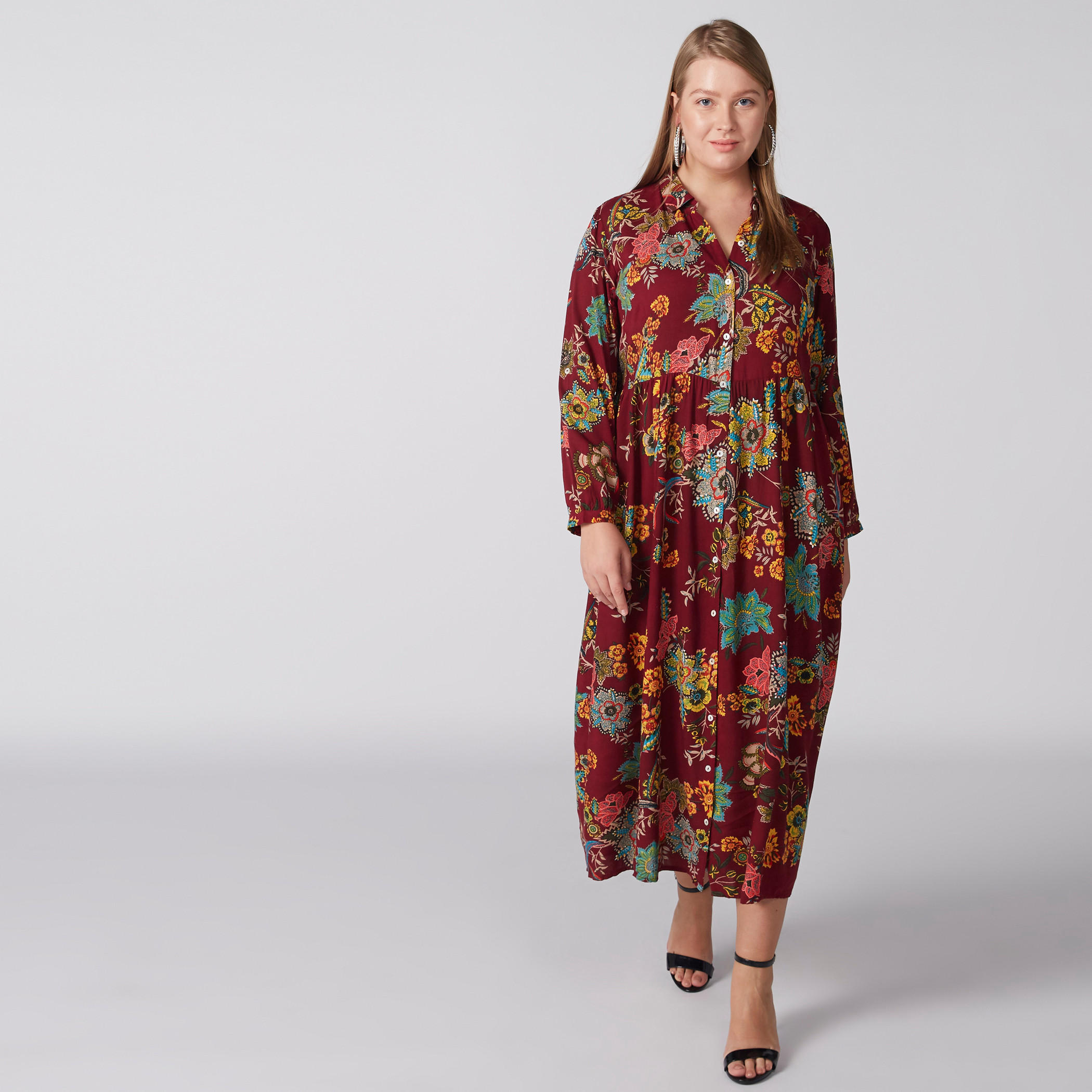 Floral Printed Midi Dress with Long Sleeves and Complete Placket-women-clothing-dresses-image-2