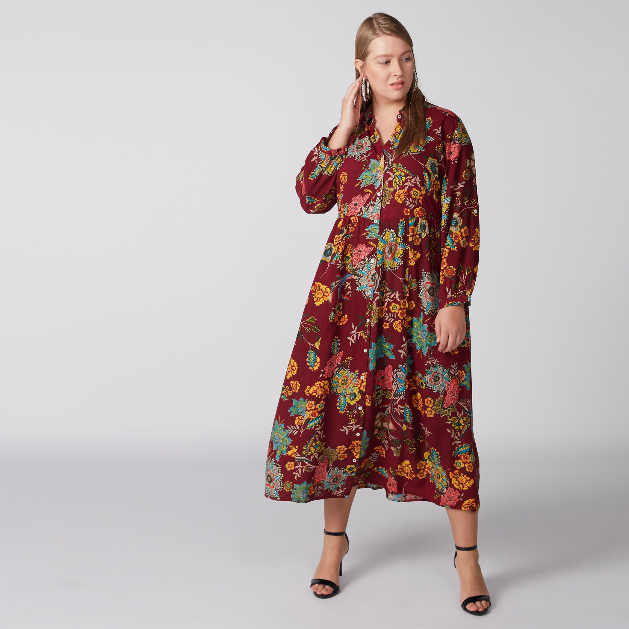 Floral Printed Midi Dress with Long Sleeves and Complete Placket-women-clothing-dresses-image-3